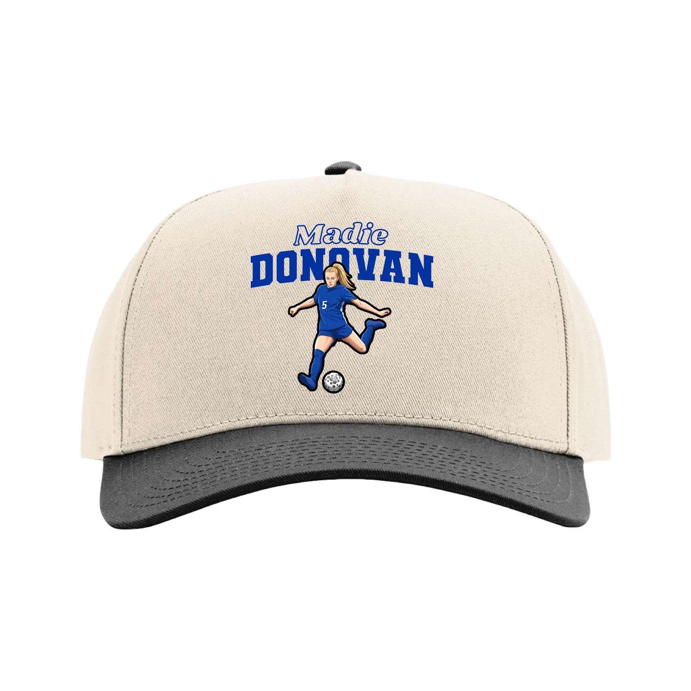 Full Fabric Five-Panel Champ Cap — Name Arch in Cream/Black