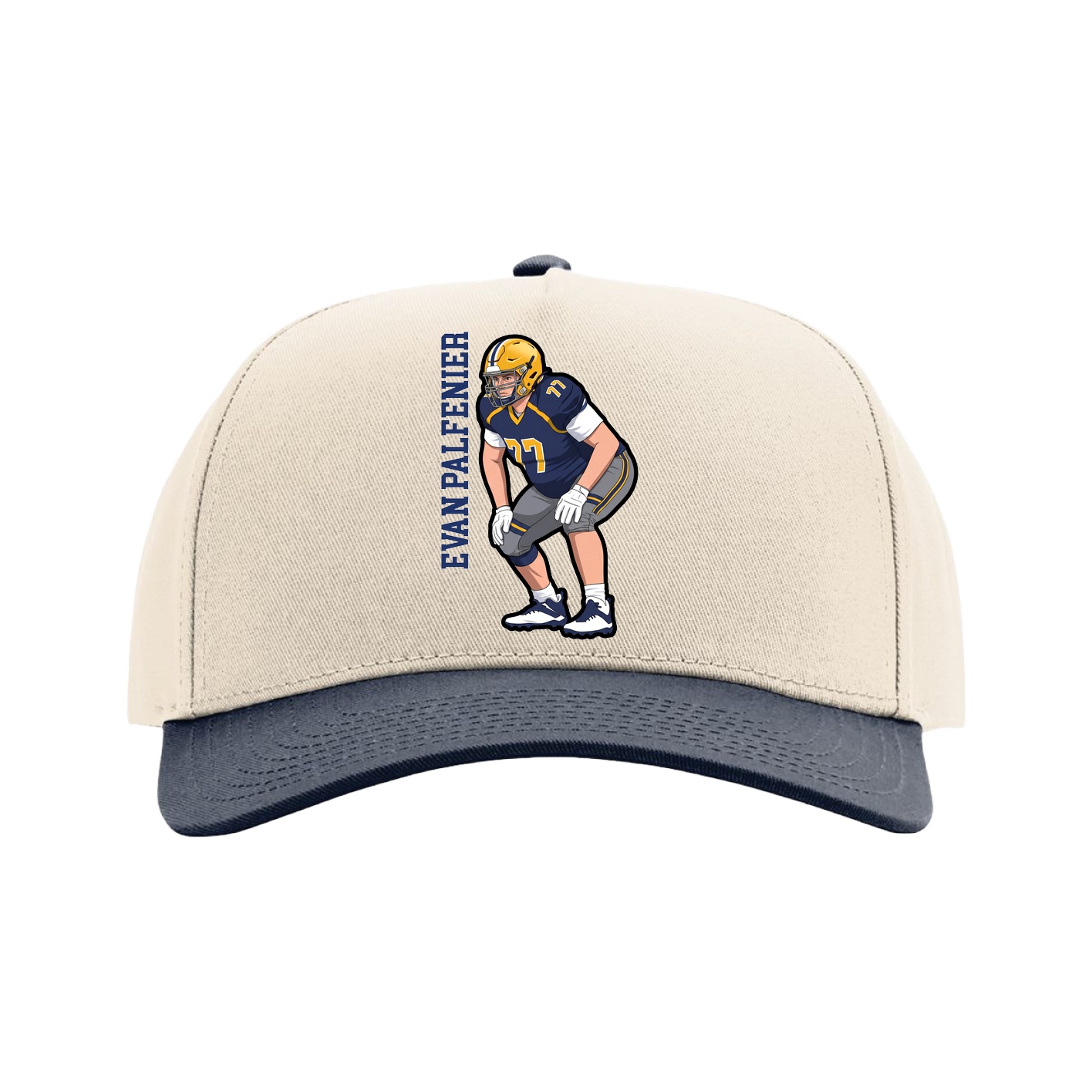 Full Fabric Five-Panel Champ Cap — Name Vertical in Cream/Navy
