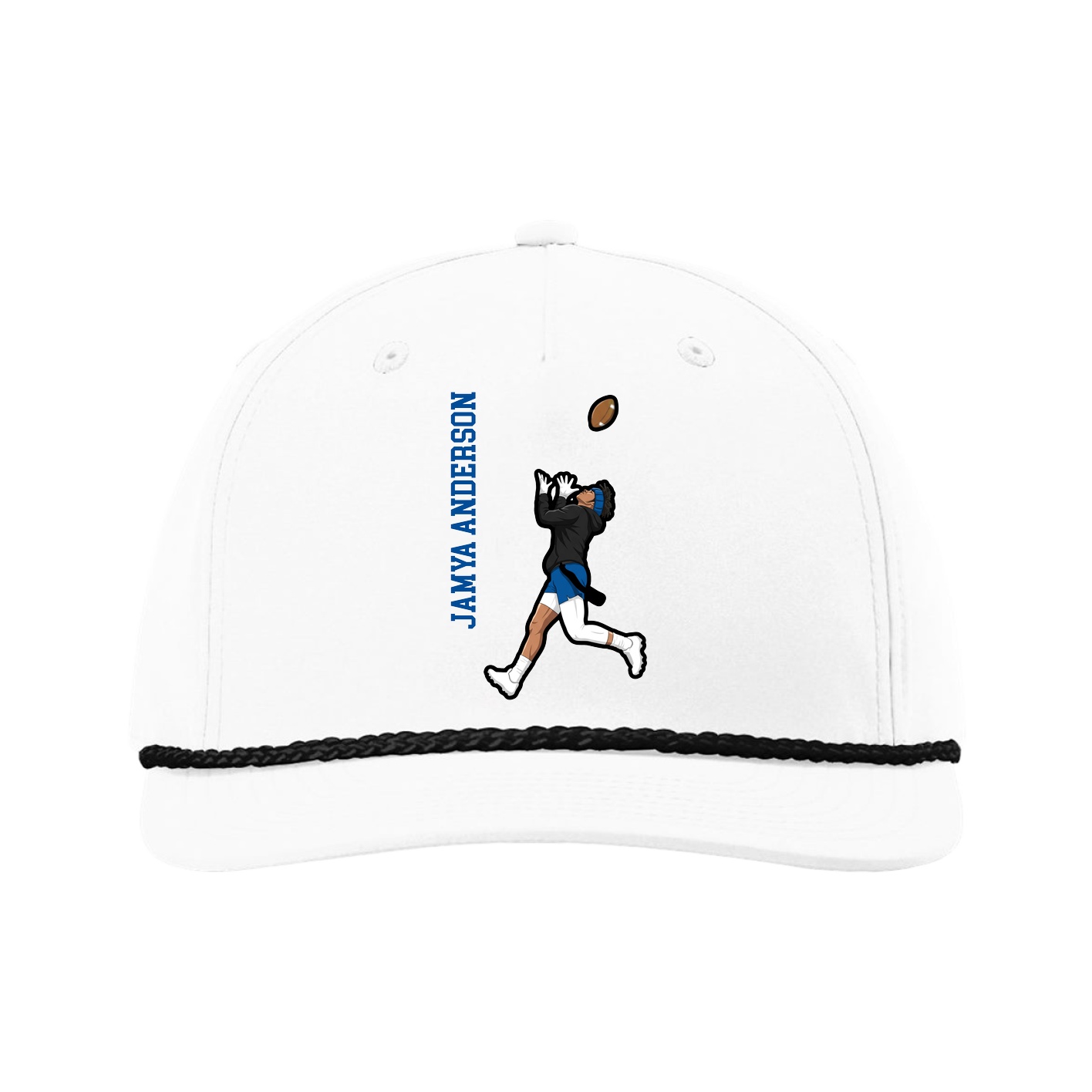 Five-Panel Classic Rope Cap — Name Vertical in White