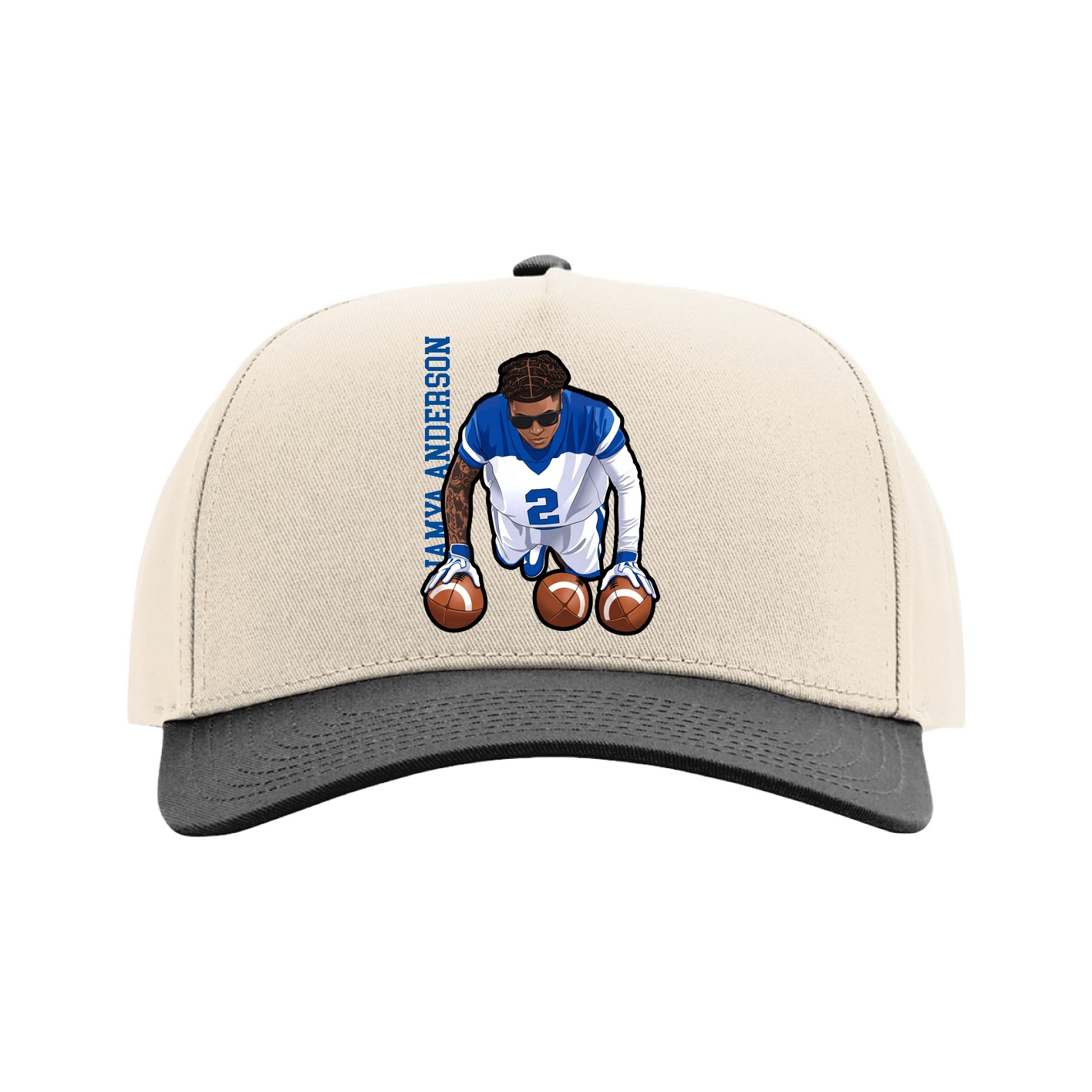 Full Fabric Five-Panel Champ Cap — Name Vertical in Cream/Black