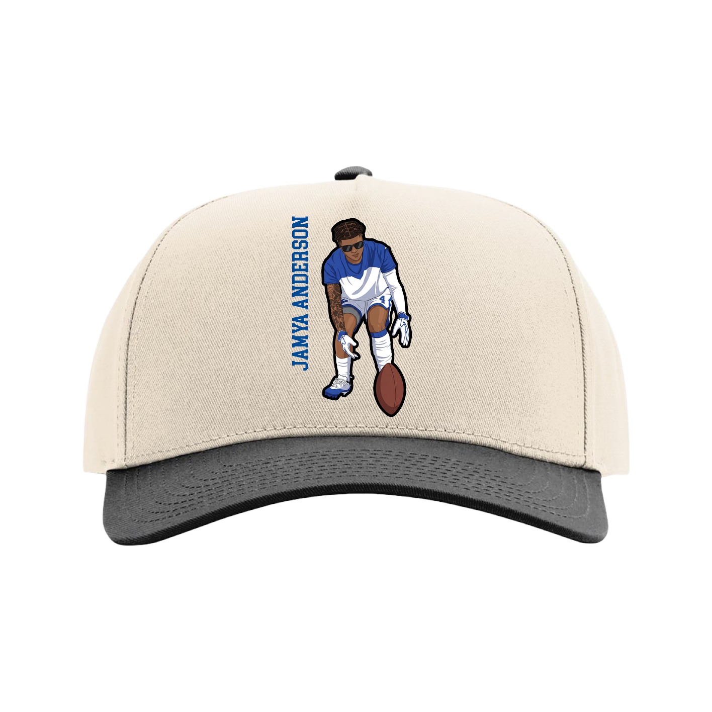 Full Fabric Five-Panel Champ Cap — Name Vertical in Cream/Black