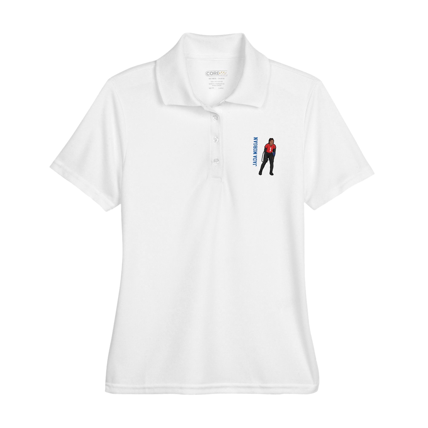 Womens Performance Polo — Name Vertical in White