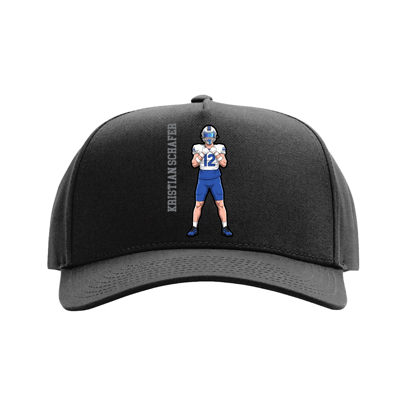 Full Fabric Five-Panel Champ Cap — Name Vertical in Black