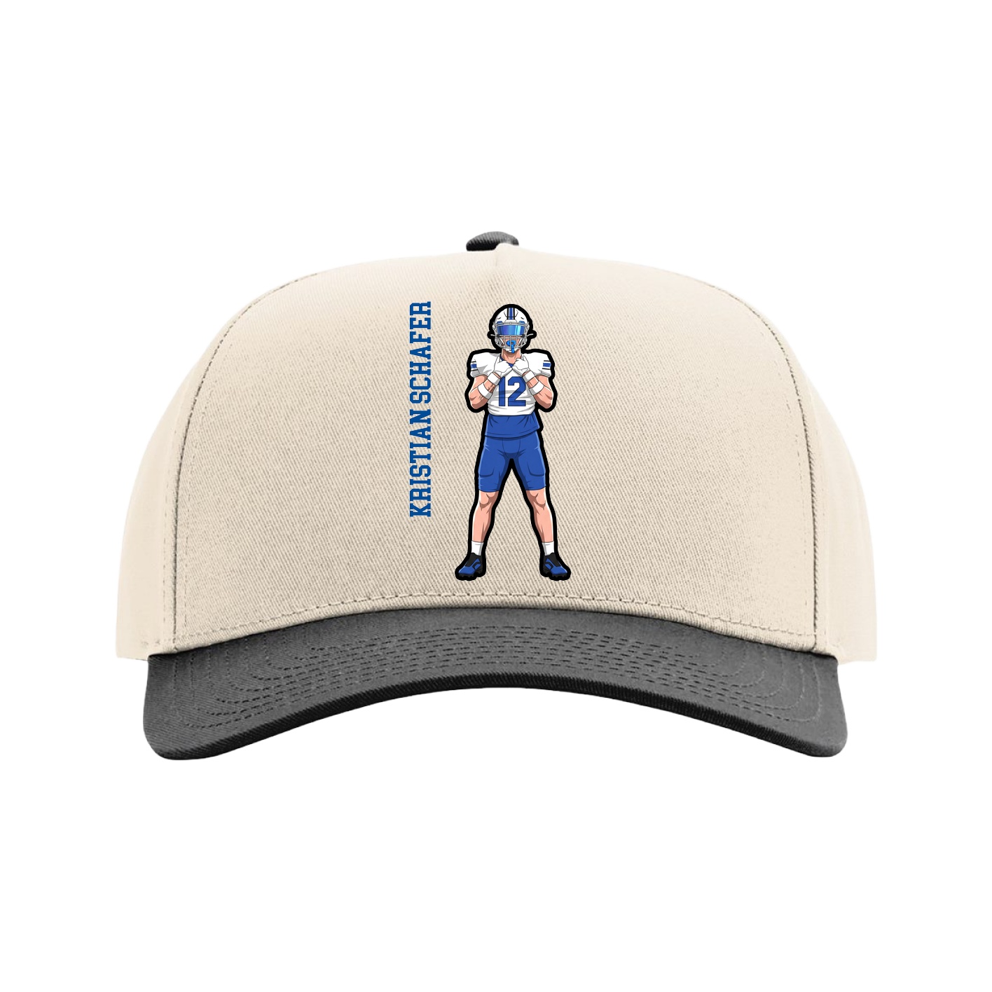 Full Fabric Five-Panel Champ Cap — Name Vertical in Cream/Black