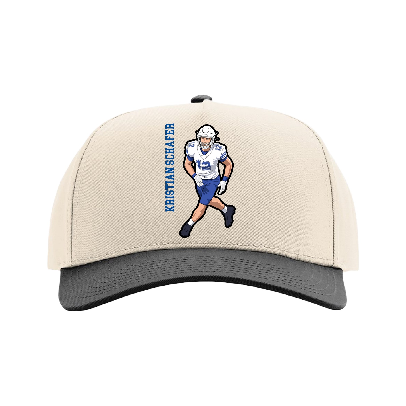 Full Fabric Five-Panel Champ Cap — Name Vertical in Cream/Black