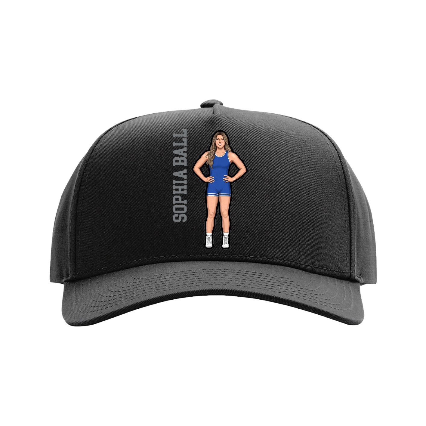 Full Fabric Five-Panel Champ Cap — Name Vertical in Black