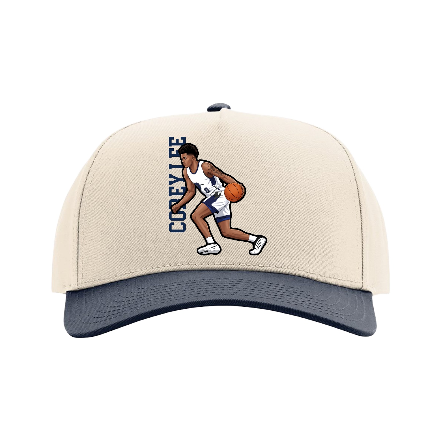 Full Fabric Five-Panel Champ Cap — Name Vertical in Cream/Navy