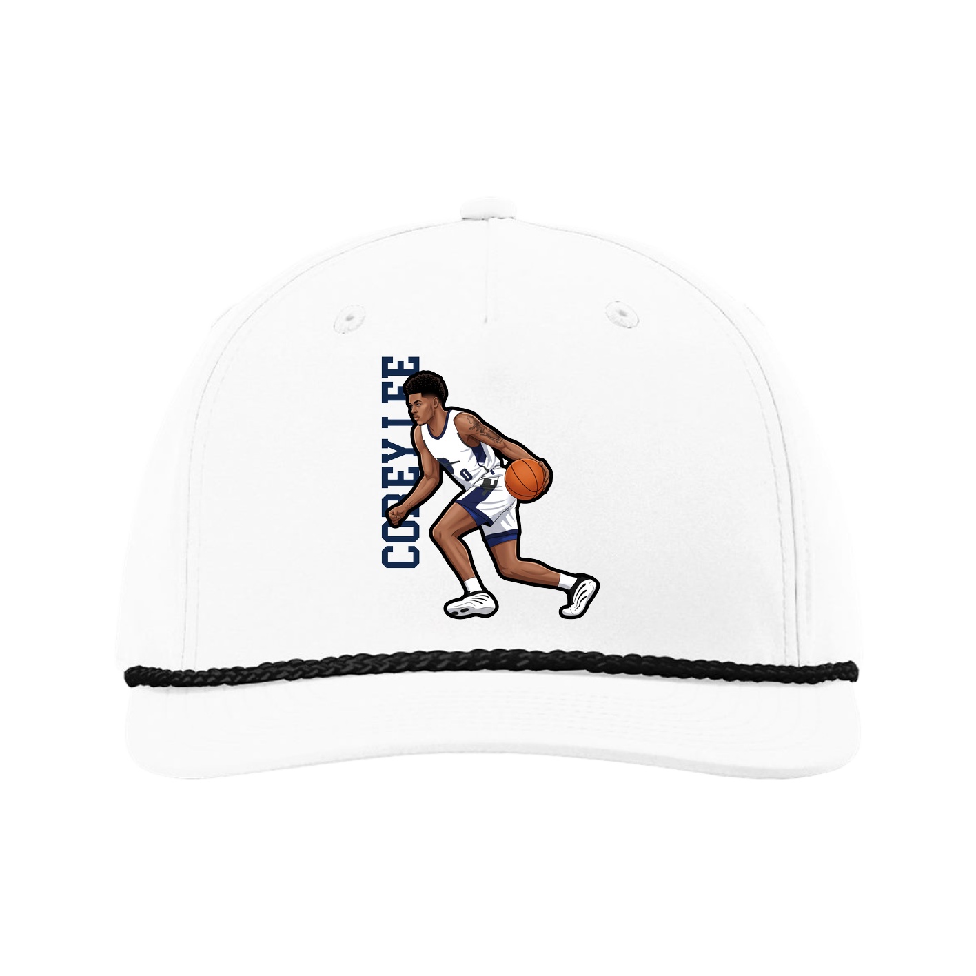 Five-Panel Classic Rope Cap — Name Vertical in White