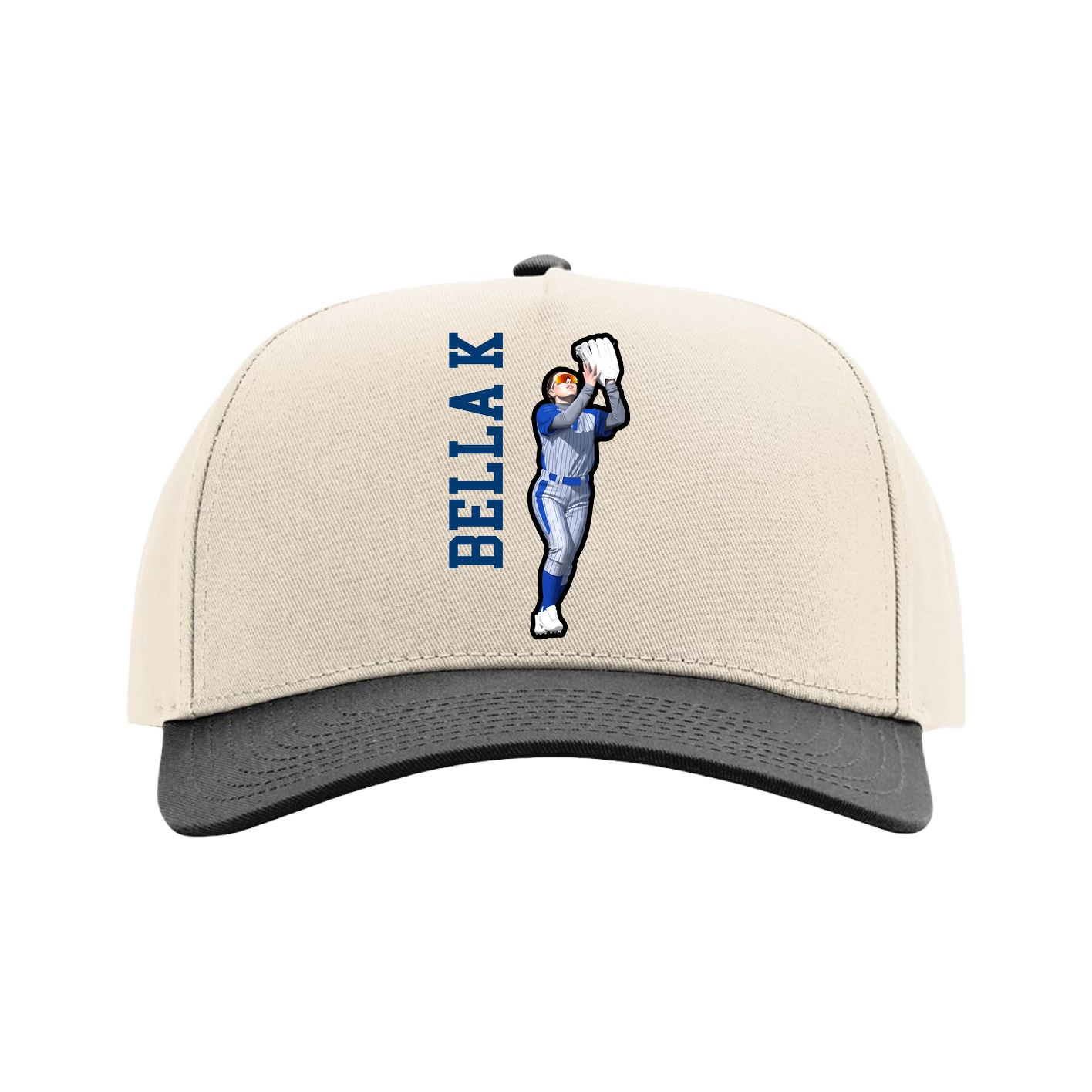 Full Fabric Five-Panel Champ Cap — Name Vertical in Cream/Black