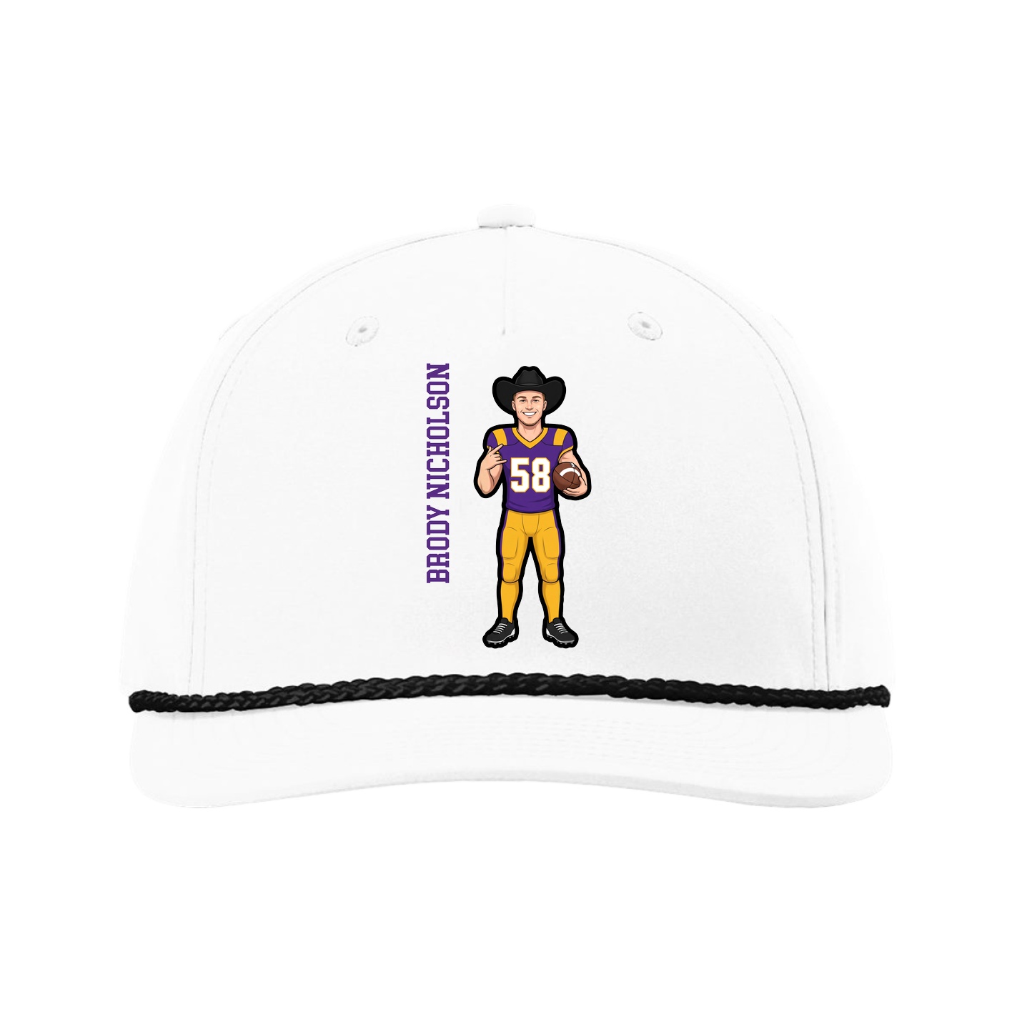 Five-Panel Classic Rope Cap — Name Vertical in White