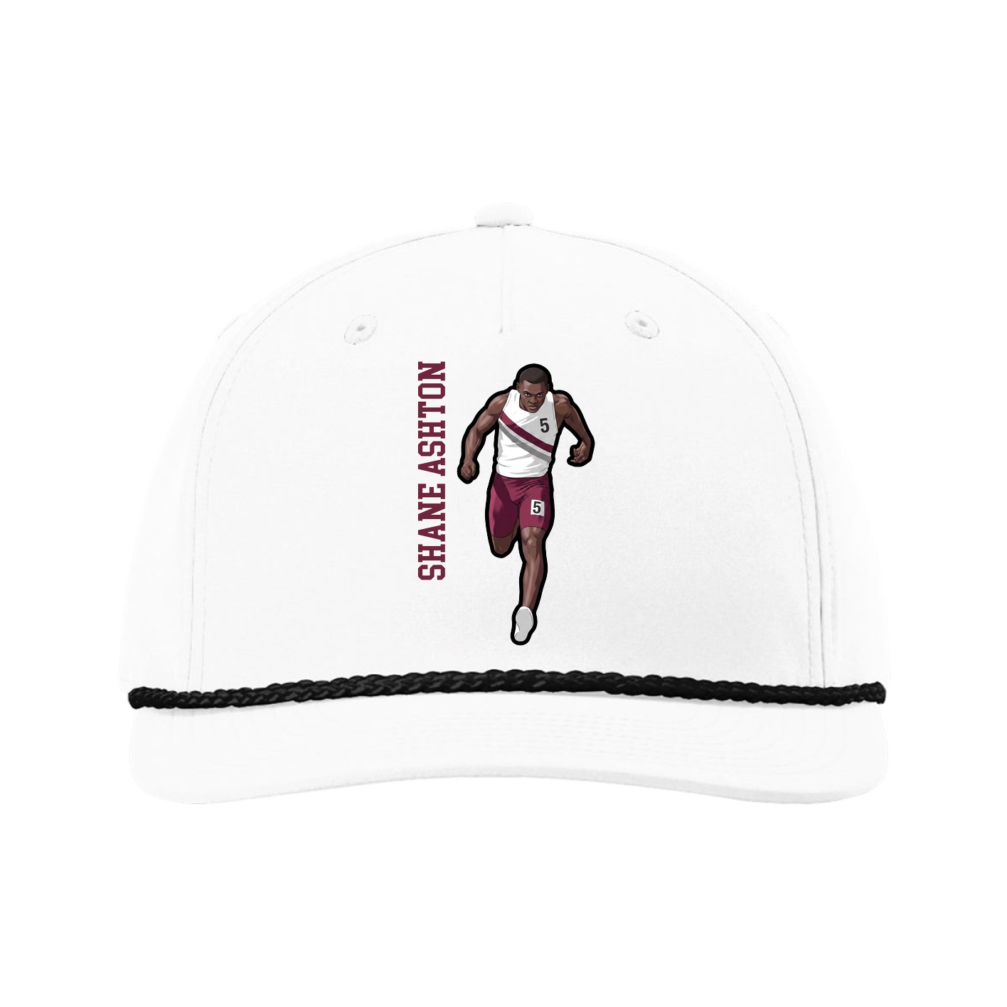 Five-Panel Classic Rope Cap — Name Vertical in White