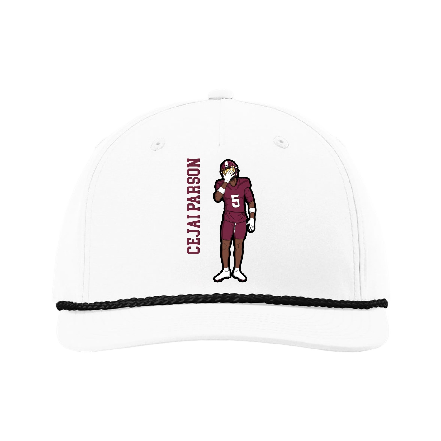 Five-Panel Classic Rope Cap — Name Vertical in White