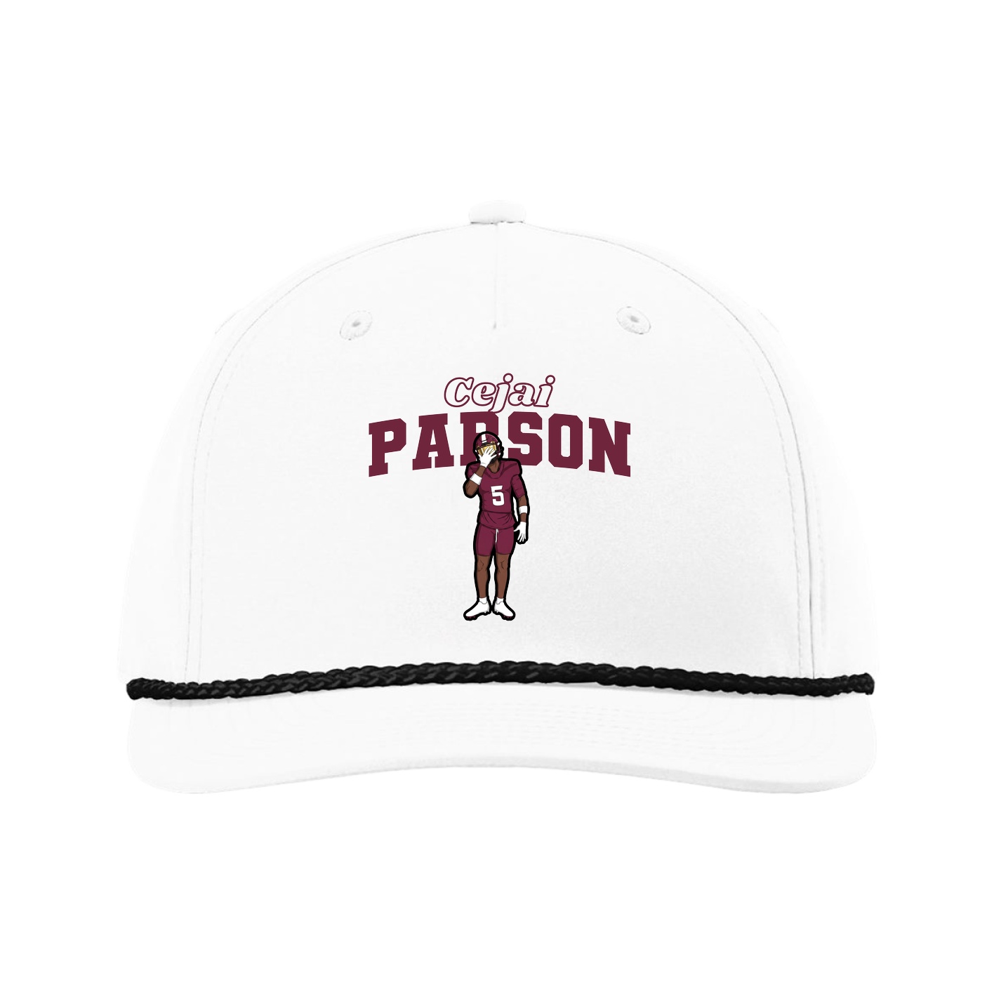 Five-Panel Classic Rope Cap — Name Arch in White