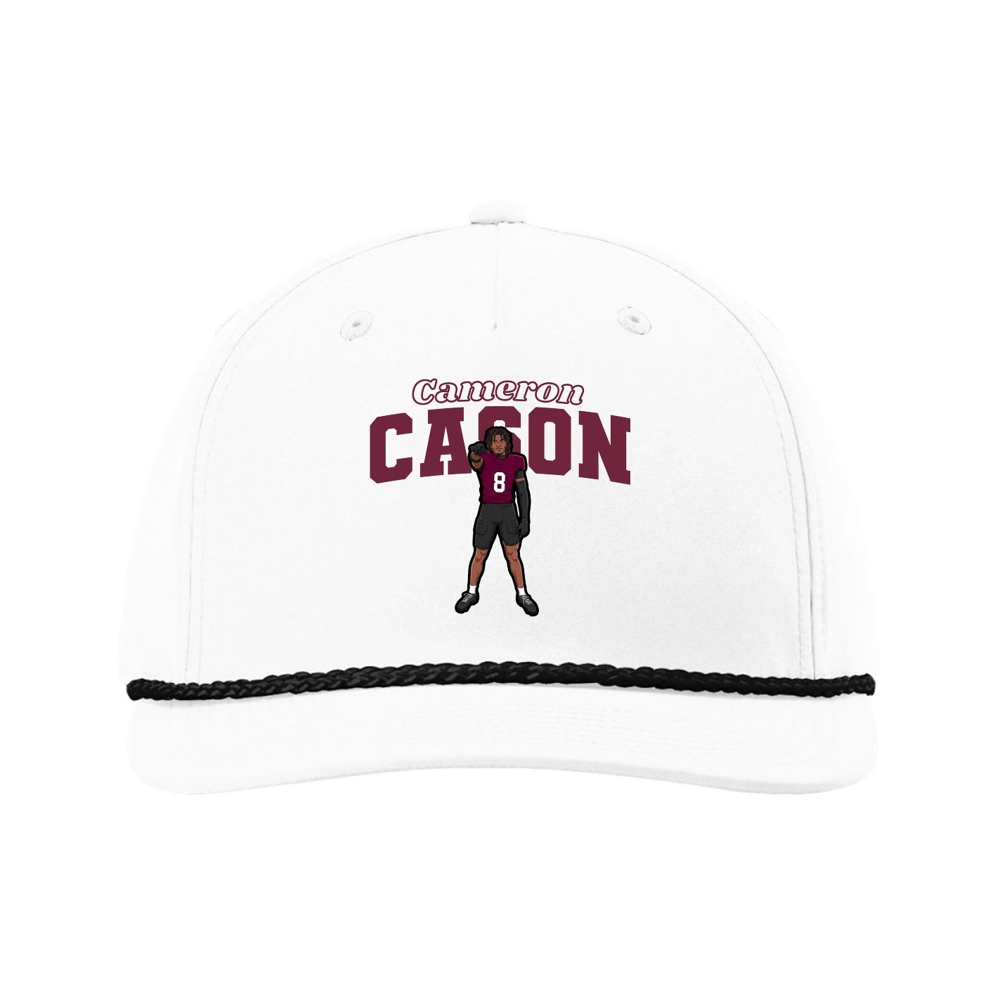 Five-Panel Classic Rope Cap — Name Arch in White