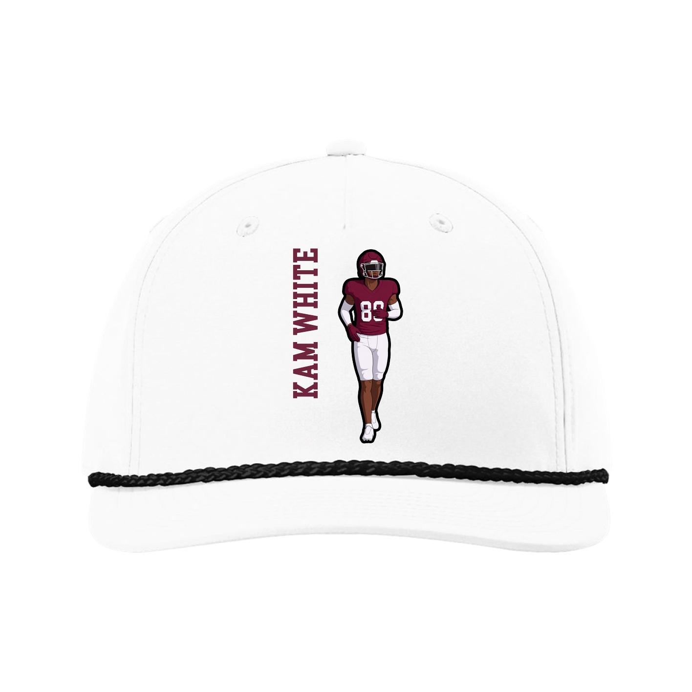 Five-Panel Classic Rope Cap — Name Vertical in White