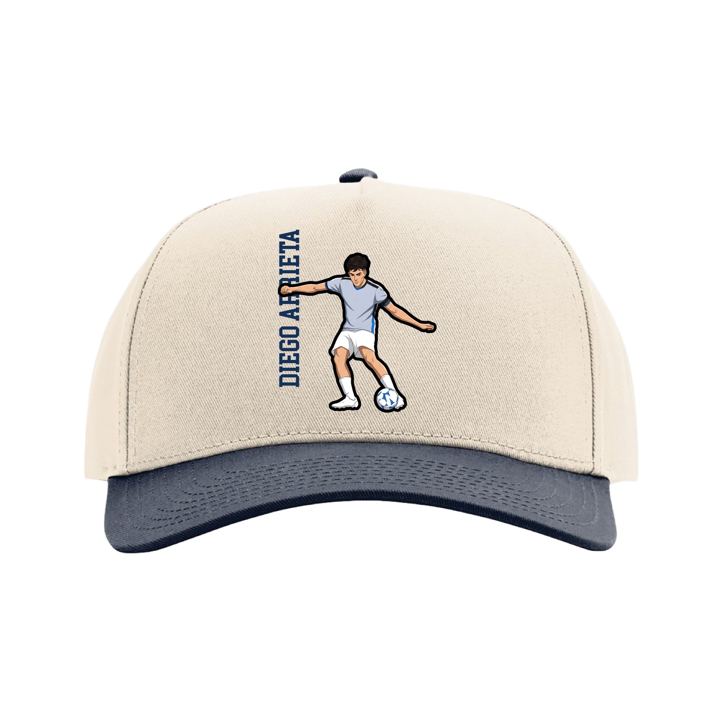 Full Fabric Five-Panel Champ Cap — Name Vertical in Cream/Navy