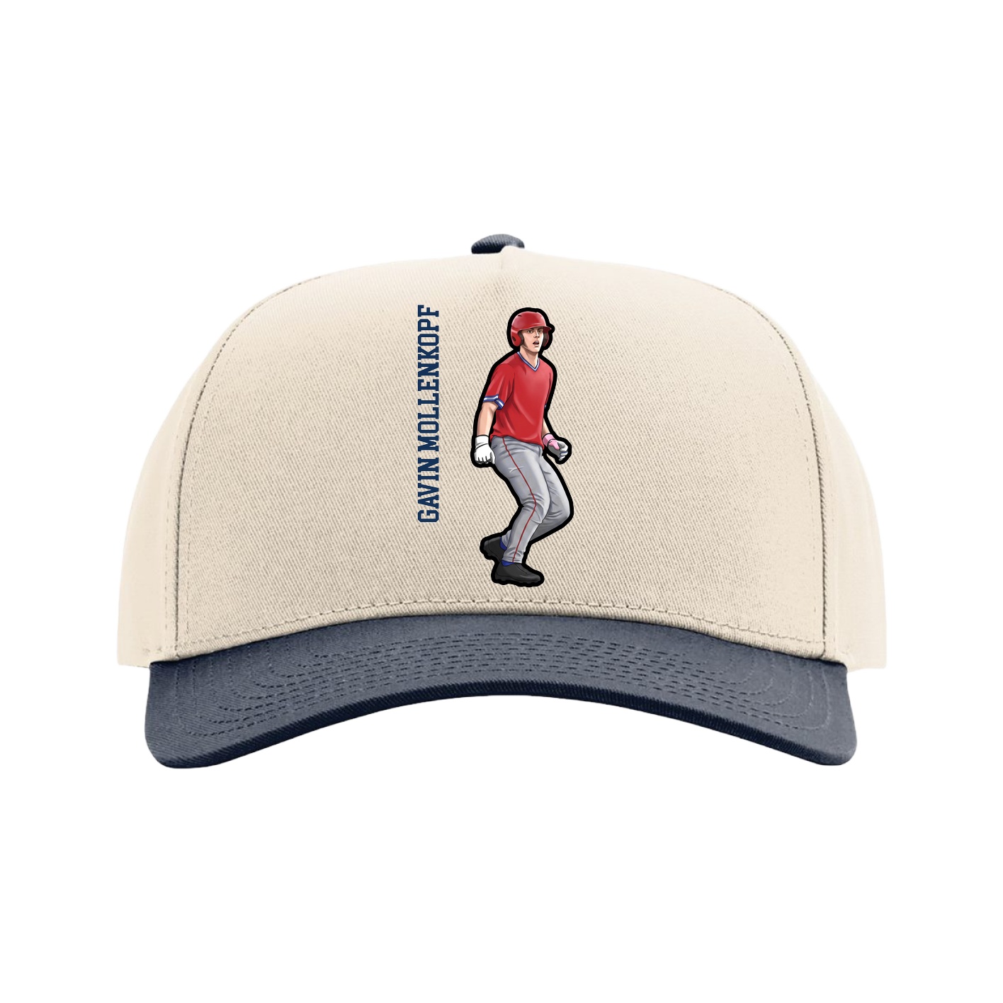 Full Fabric Five-Panel Champ Cap — Name Vertical in Cream/Navy