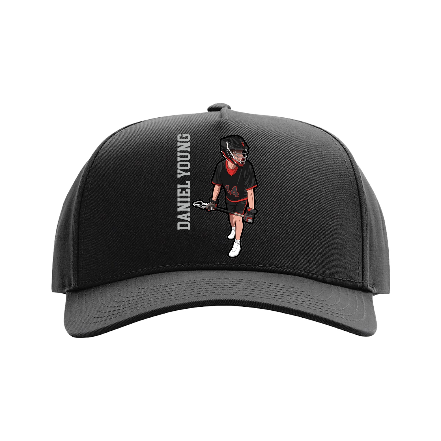 Full Fabric Five-Panel Champ Cap — Name Vertical in Black