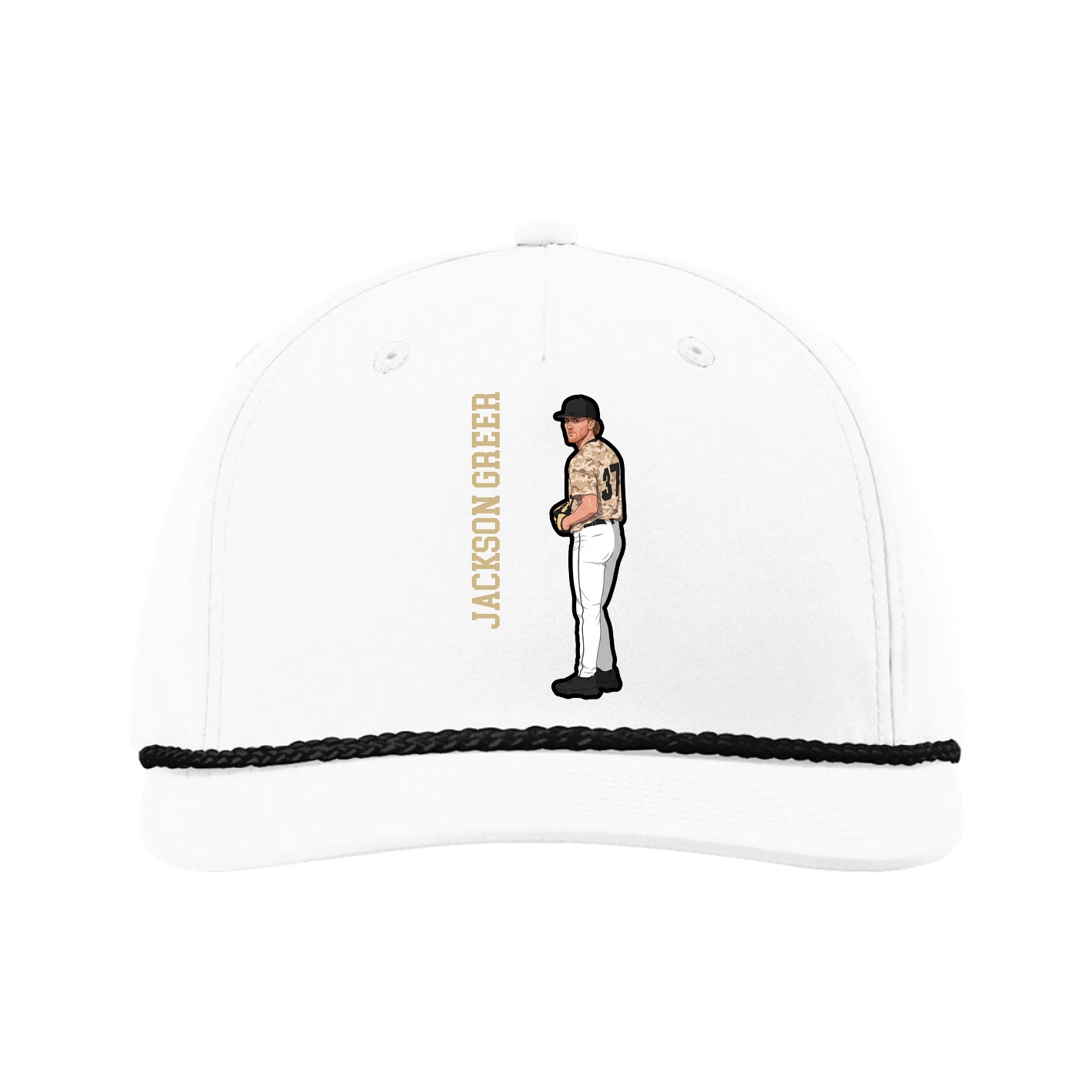 Five-Panel Classic Rope Cap — Name Vertical in White