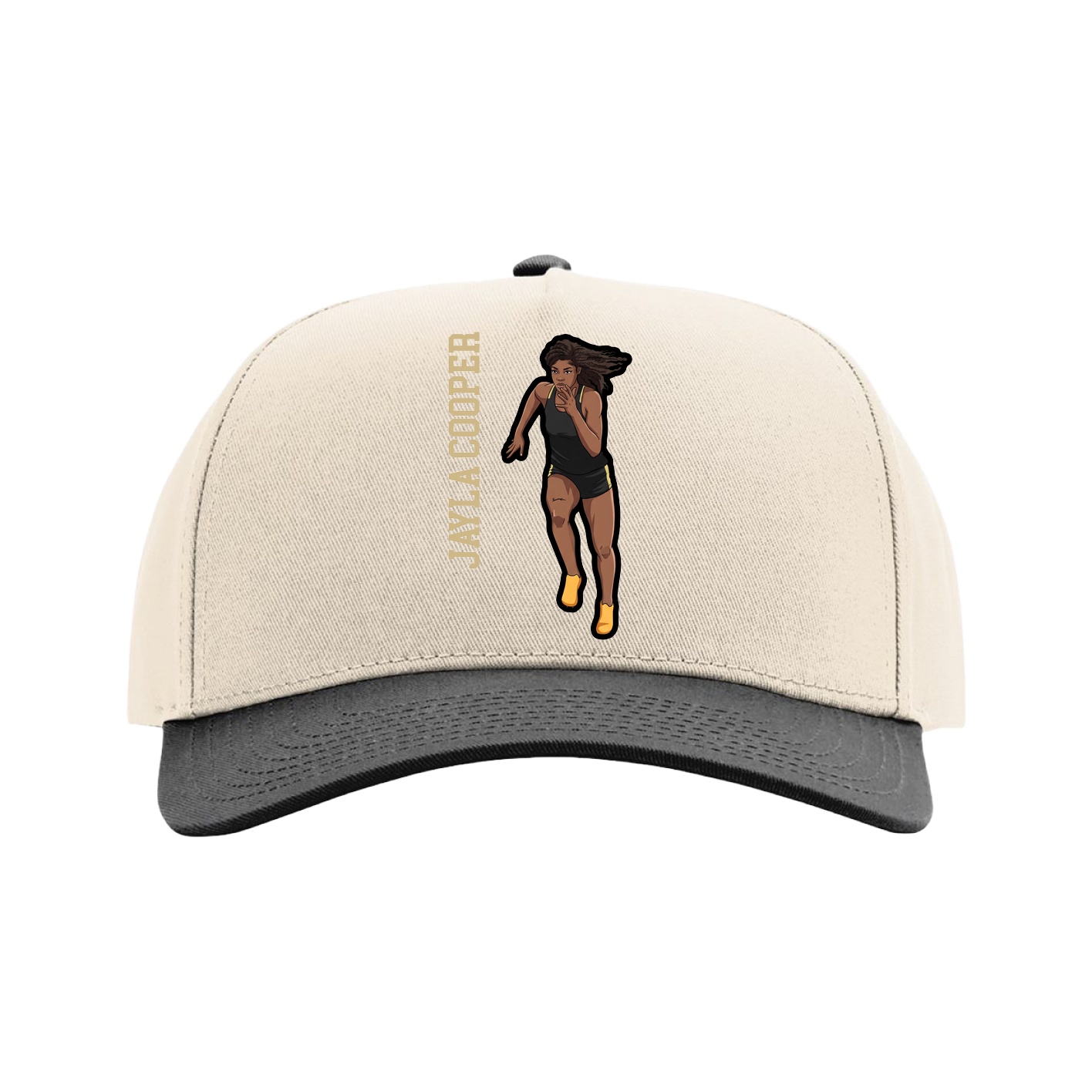 Full Fabric Five-Panel Champ Cap — Name Vertical in Cream/Black