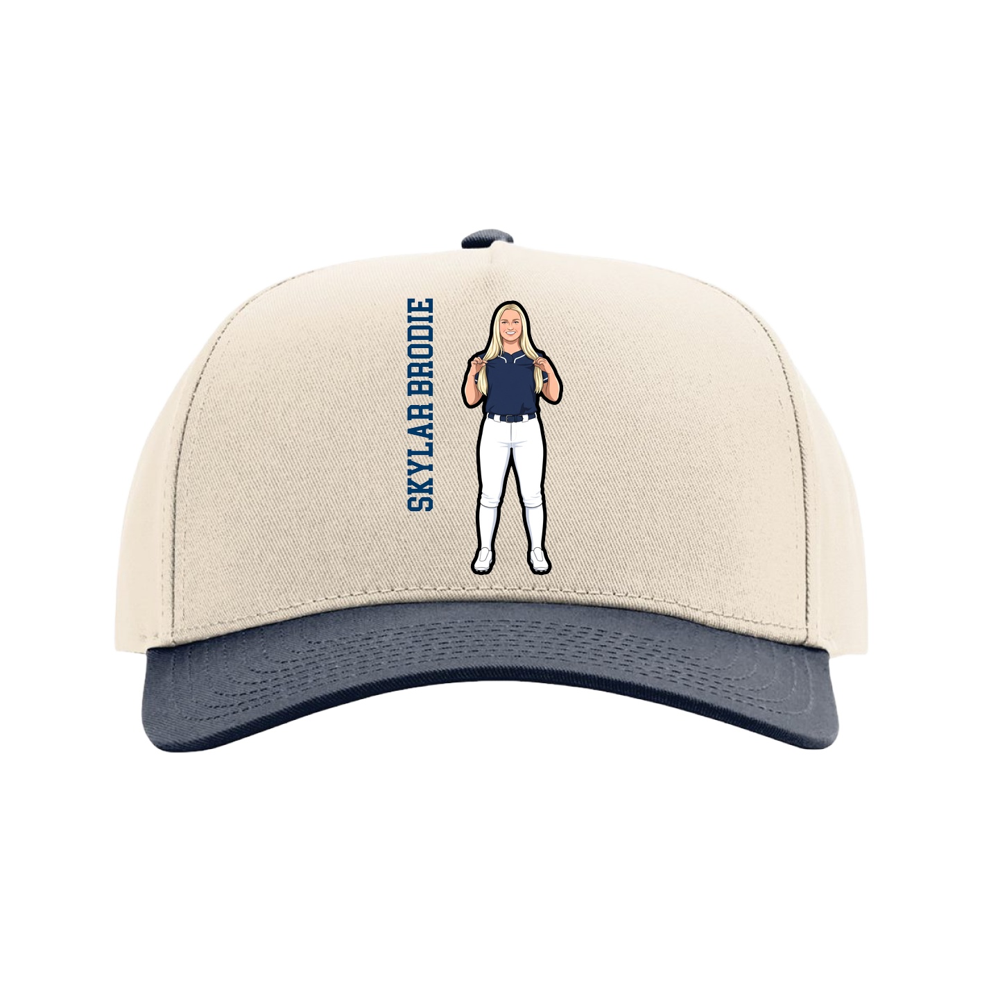 Full Fabric Five-Panel Champ Cap — Name Vertical in Cream/Navy