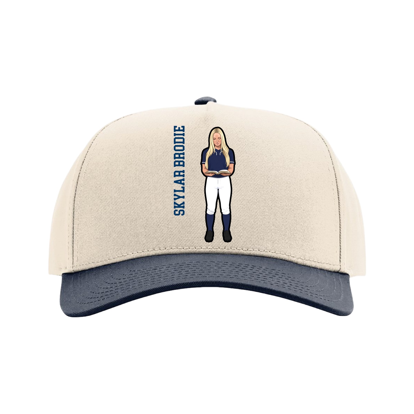 Full Fabric Five-Panel Champ Cap — Name Vertical in Cream/Navy