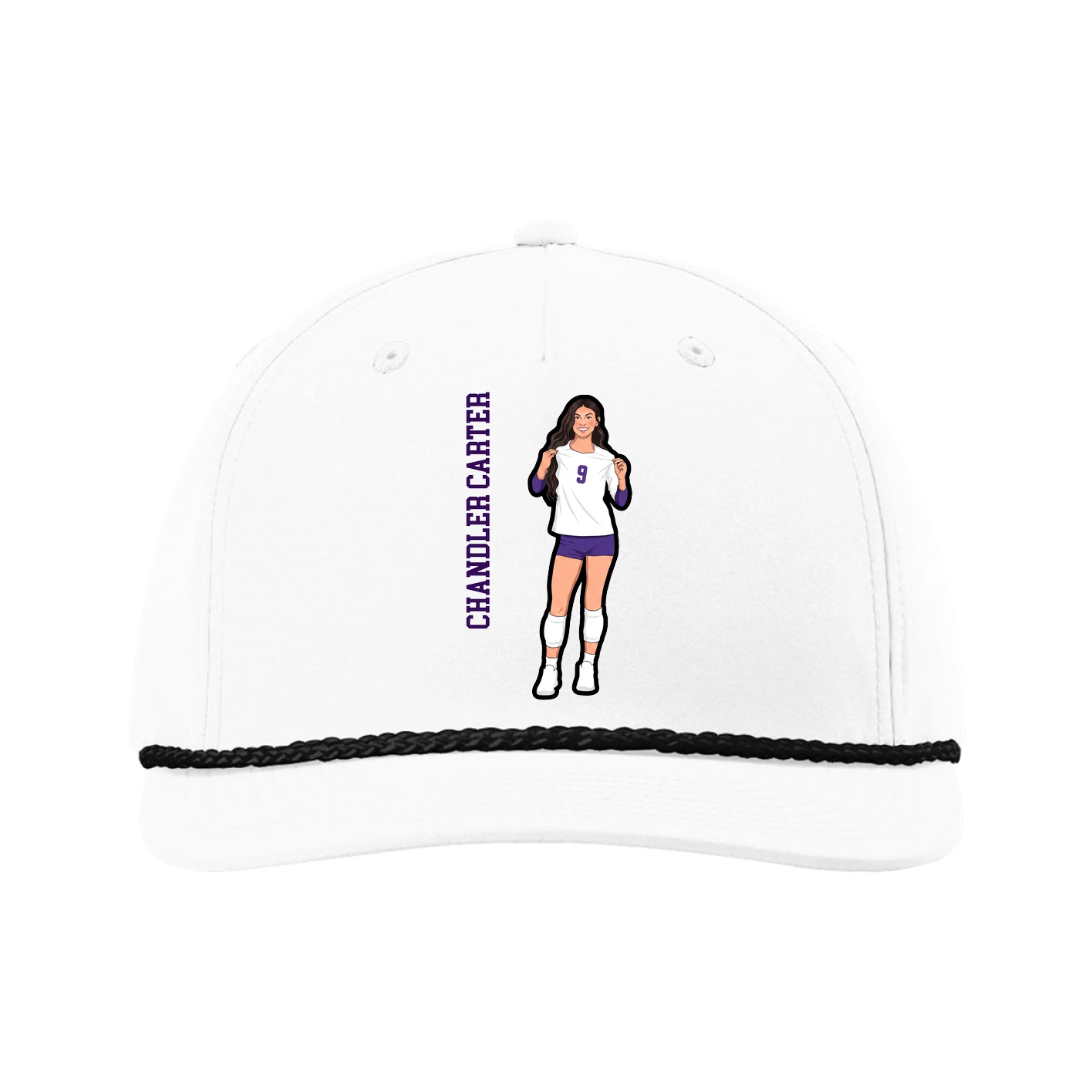 Five-Panel Classic Rope Cap — Name Vertical in White