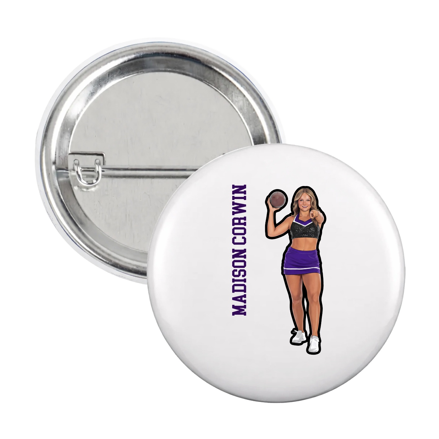 Game Day Button — Name Vertical in White