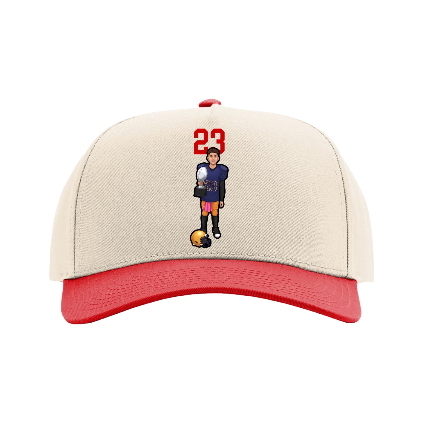 Full Fabric Five-Panel Champ Cap — Number Top in Cream/Red