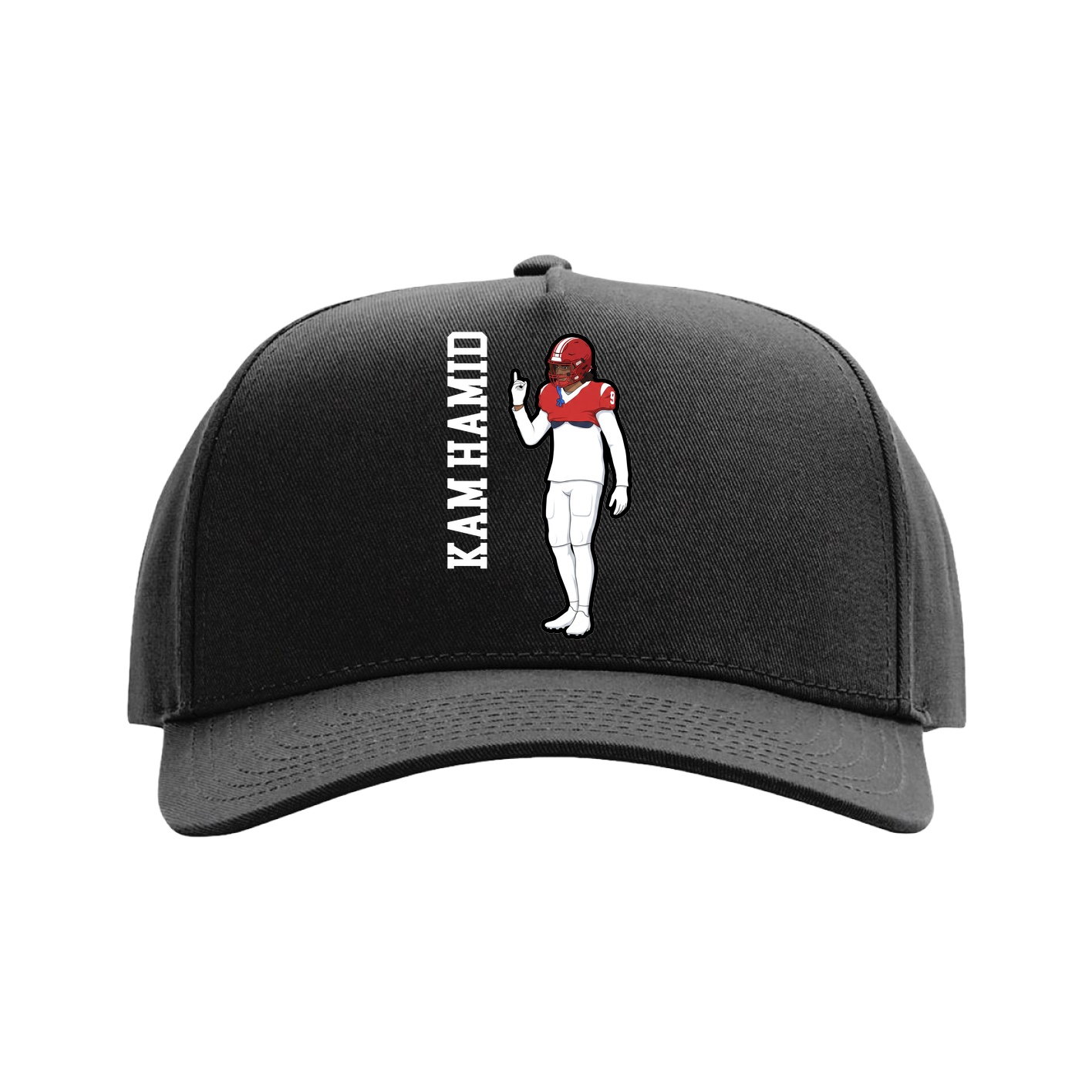 Full Fabric Five-Panel Champ Cap — Name Vertical in Black