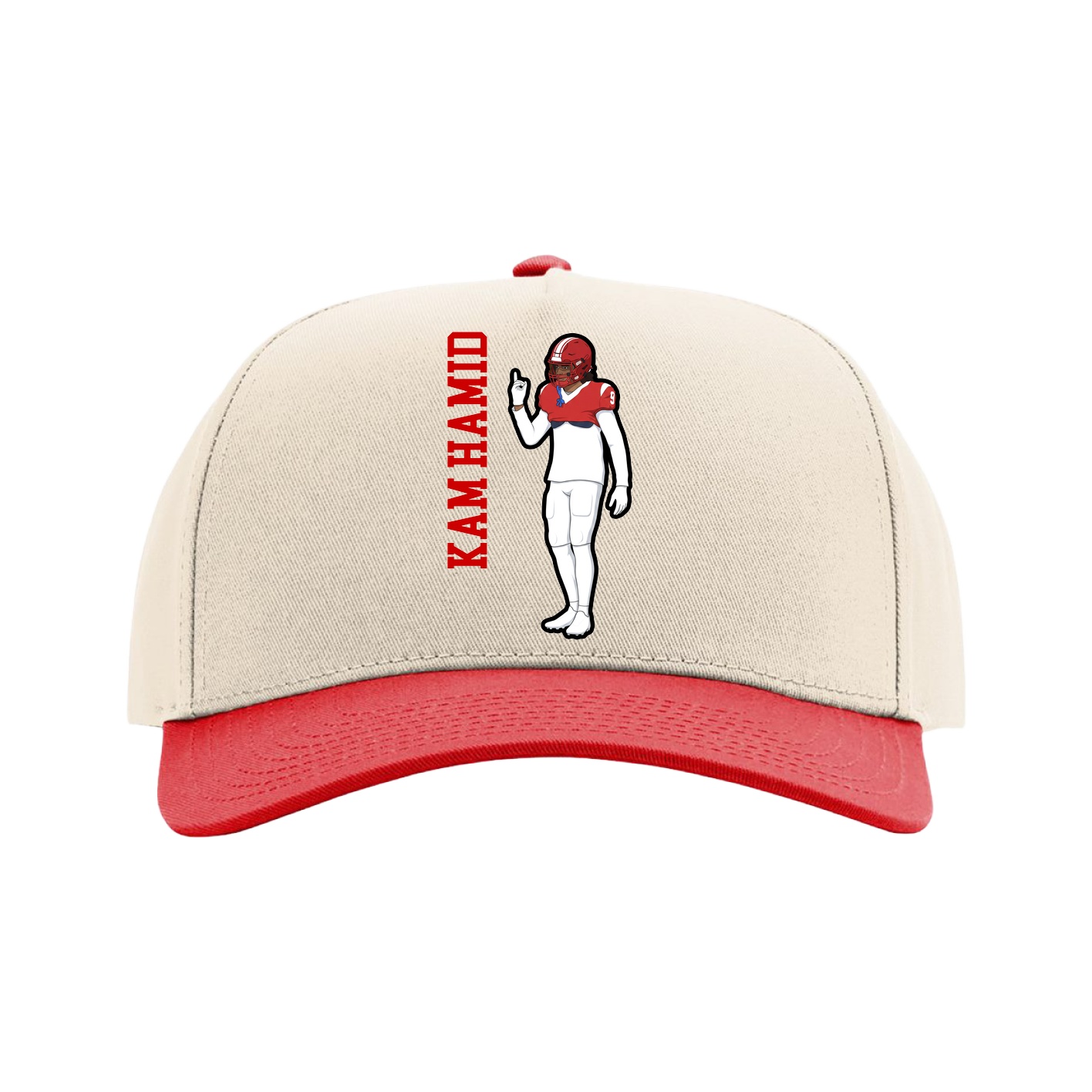 Full Fabric Five-Panel Champ Cap — Name Vertical in Cream/Red