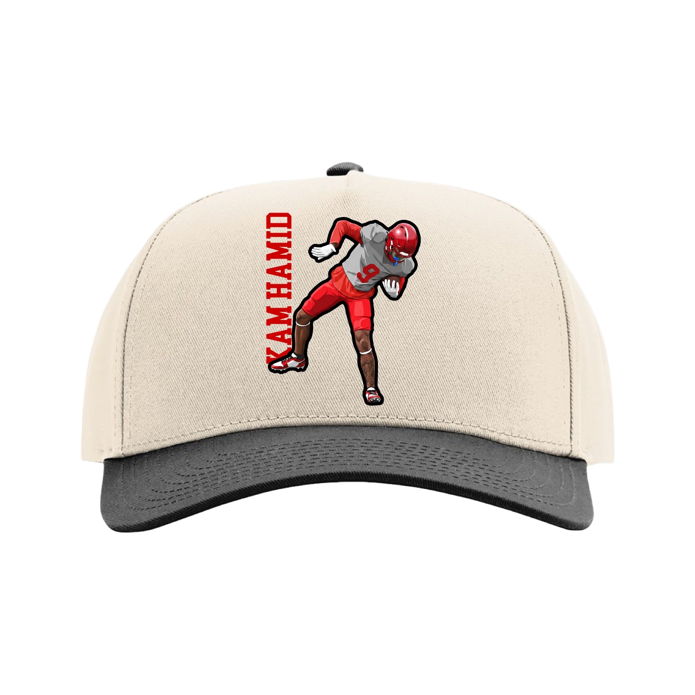 Full Fabric Five-Panel Champ Cap — Name Vertical in Cream/Black