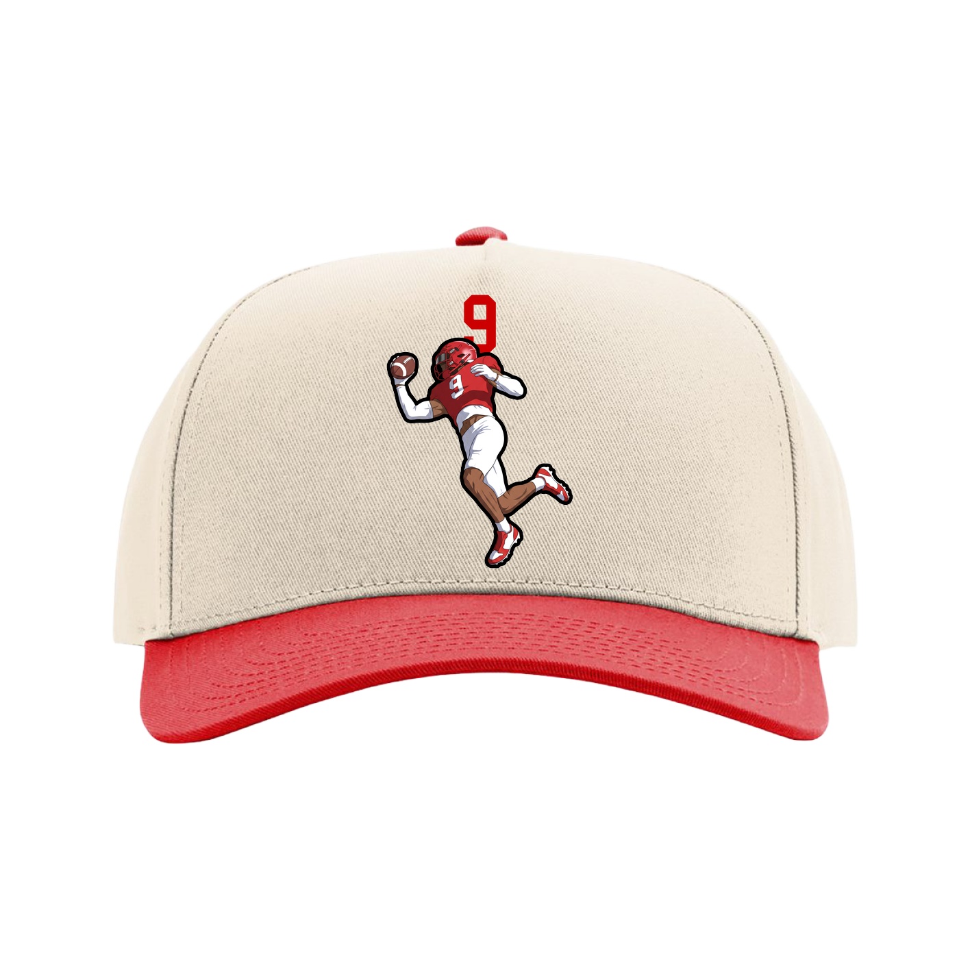 Full Fabric Five-Panel Champ Cap — Number Top in Cream/Red