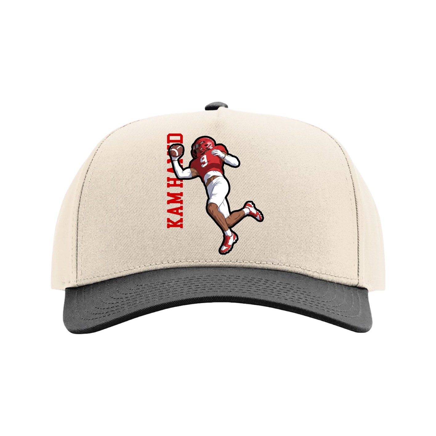 Full Fabric Five-Panel Champ Cap — Name Vertical in Cream/Black