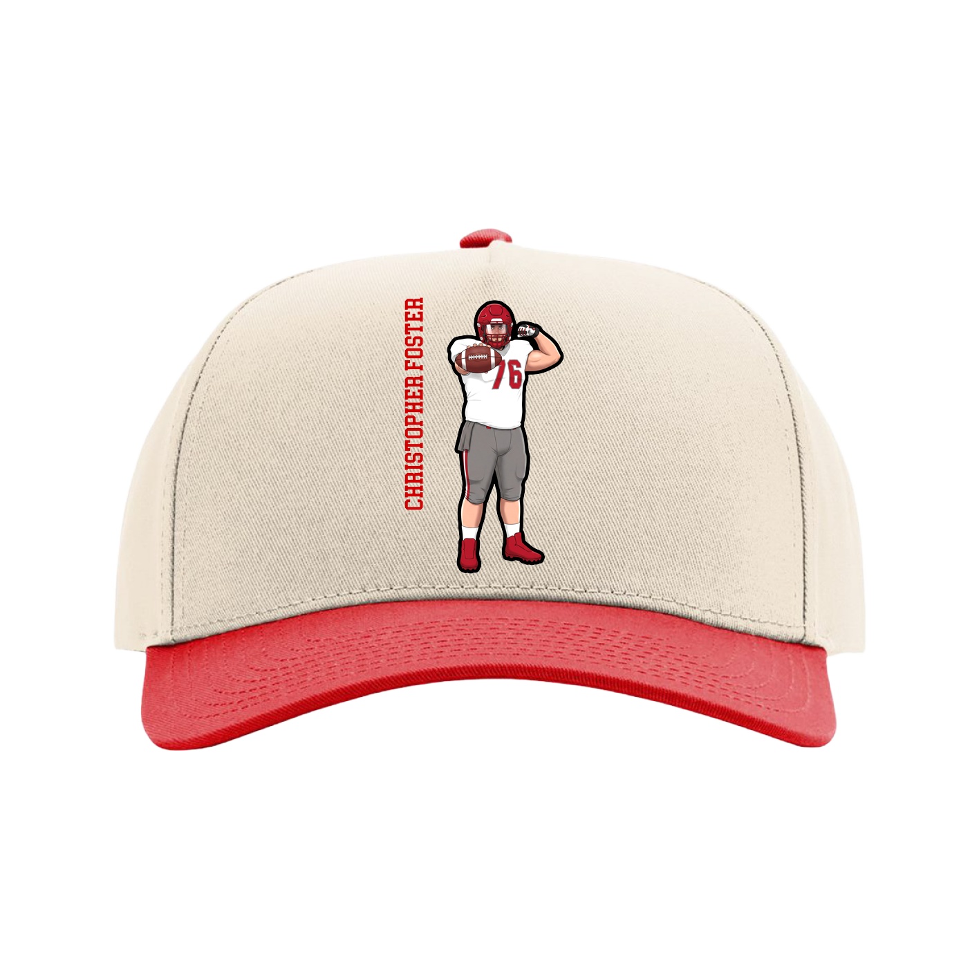 Full Fabric Five-Panel Champ Cap — Name Vertical in Cream/Red