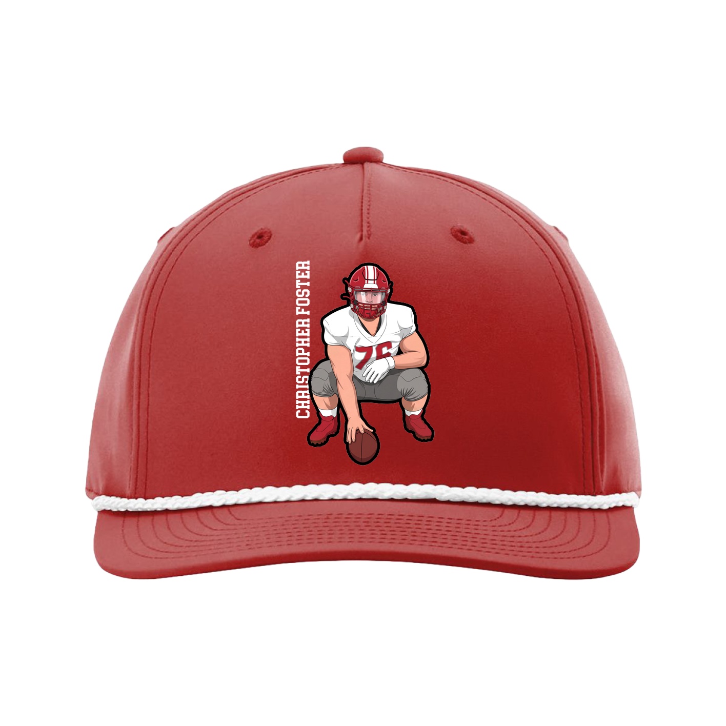 Five-Panel Classic Rope Cap — Name Vertical in Red