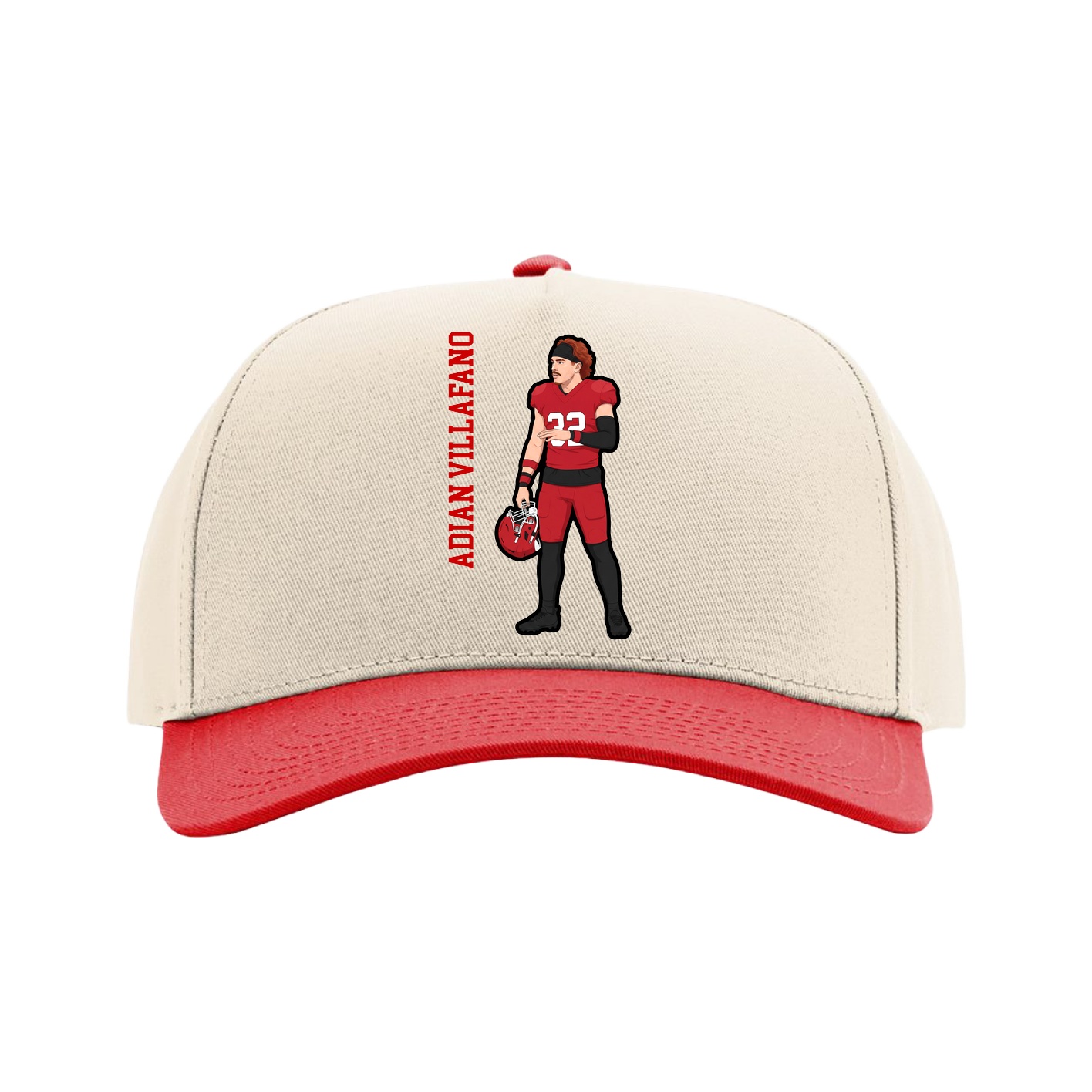 Full Fabric Five-Panel Champ Cap — Name Vertical in Cream/Red