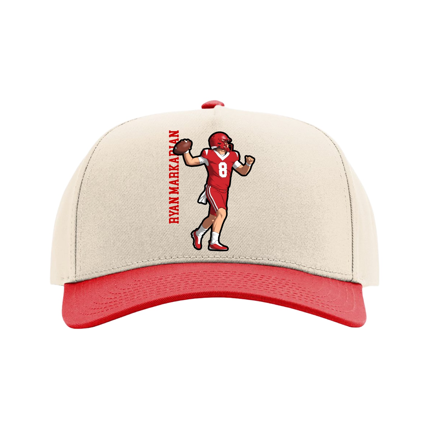 Full Fabric Five-Panel Champ Cap — Name Vertical in Cream/Red