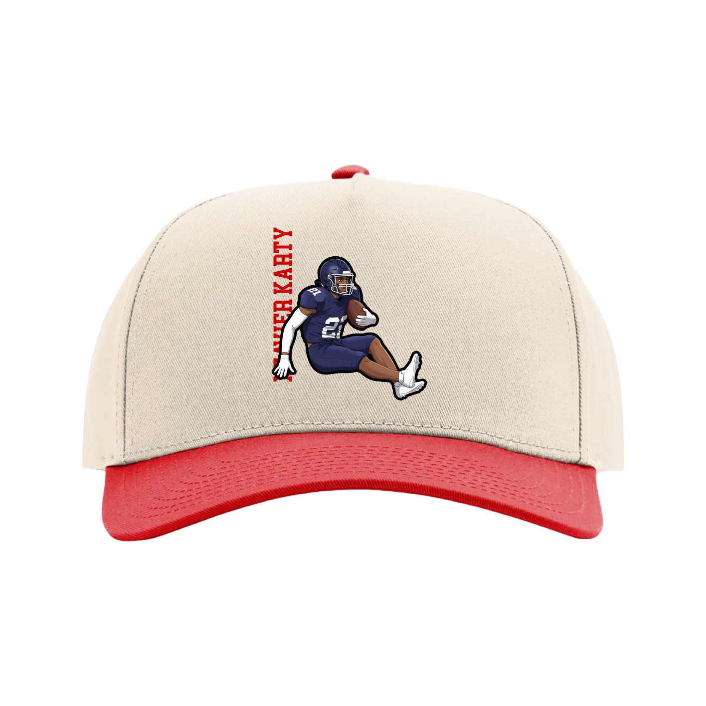 Full Fabric Five-Panel Champ Cap — Name Vertical in Cream/Red