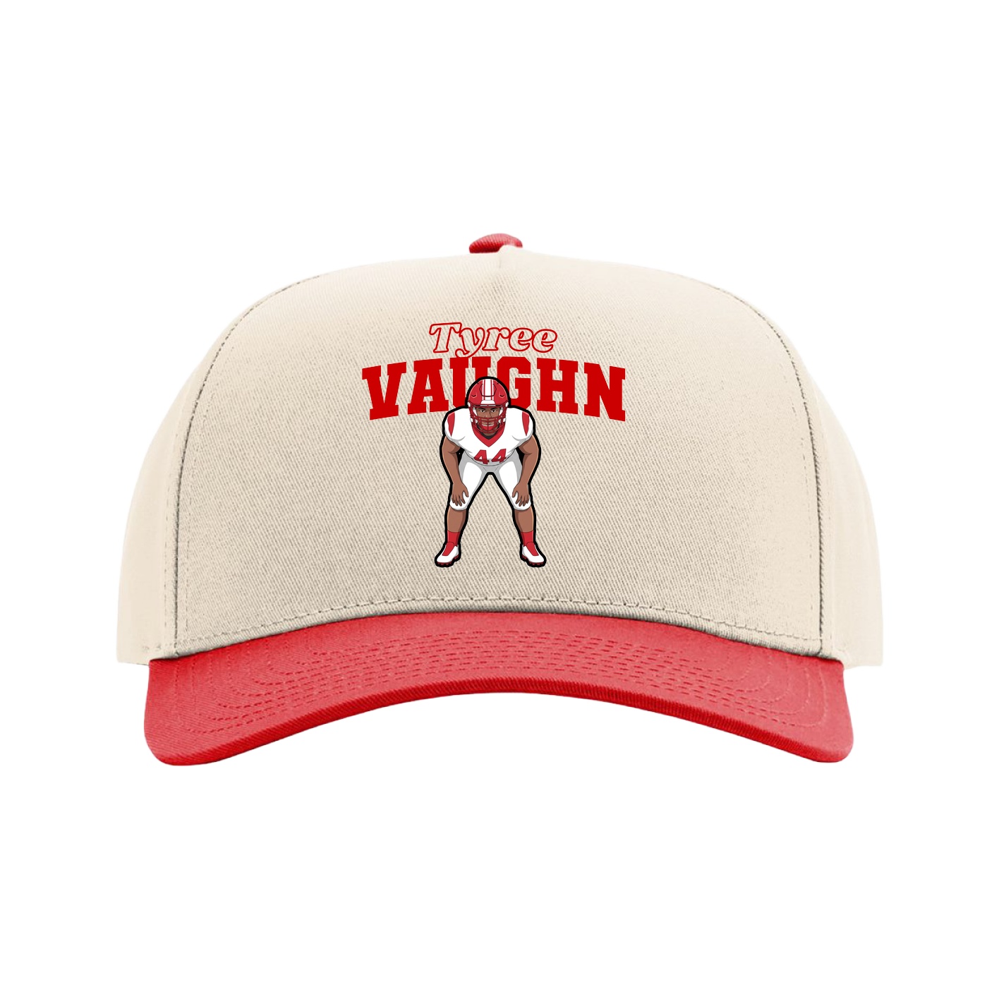 Full Fabric Five-Panel Champ Cap — Name Arch in Cream/Red