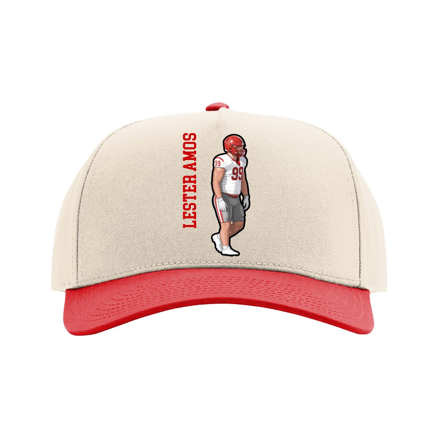 Full Fabric Five-Panel Champ Cap — Name Vertical in Cream/Red