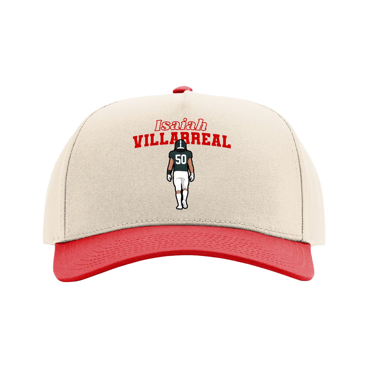 Full Fabric Five-Panel Champ Cap — Name Arch in Cream/Red