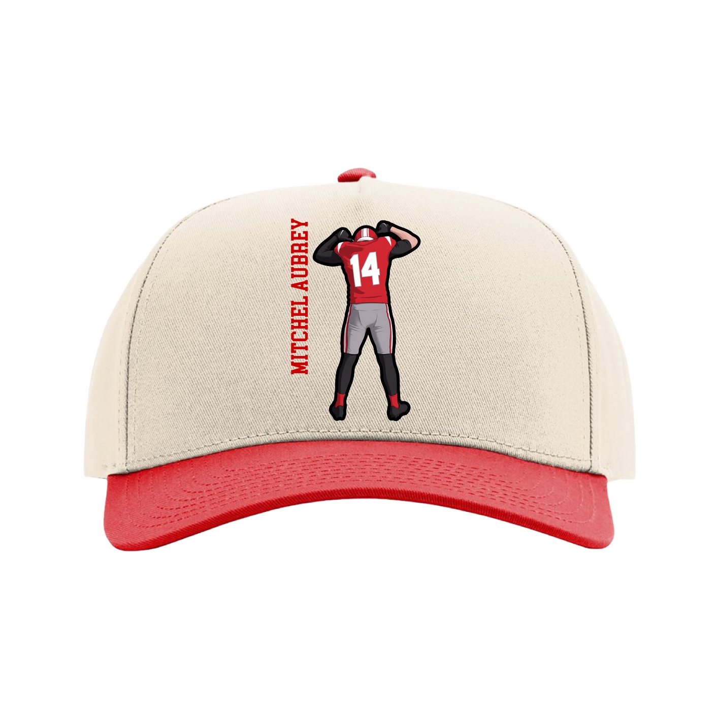Full Fabric Five-Panel Champ Cap — Name Vertical in Cream/Red