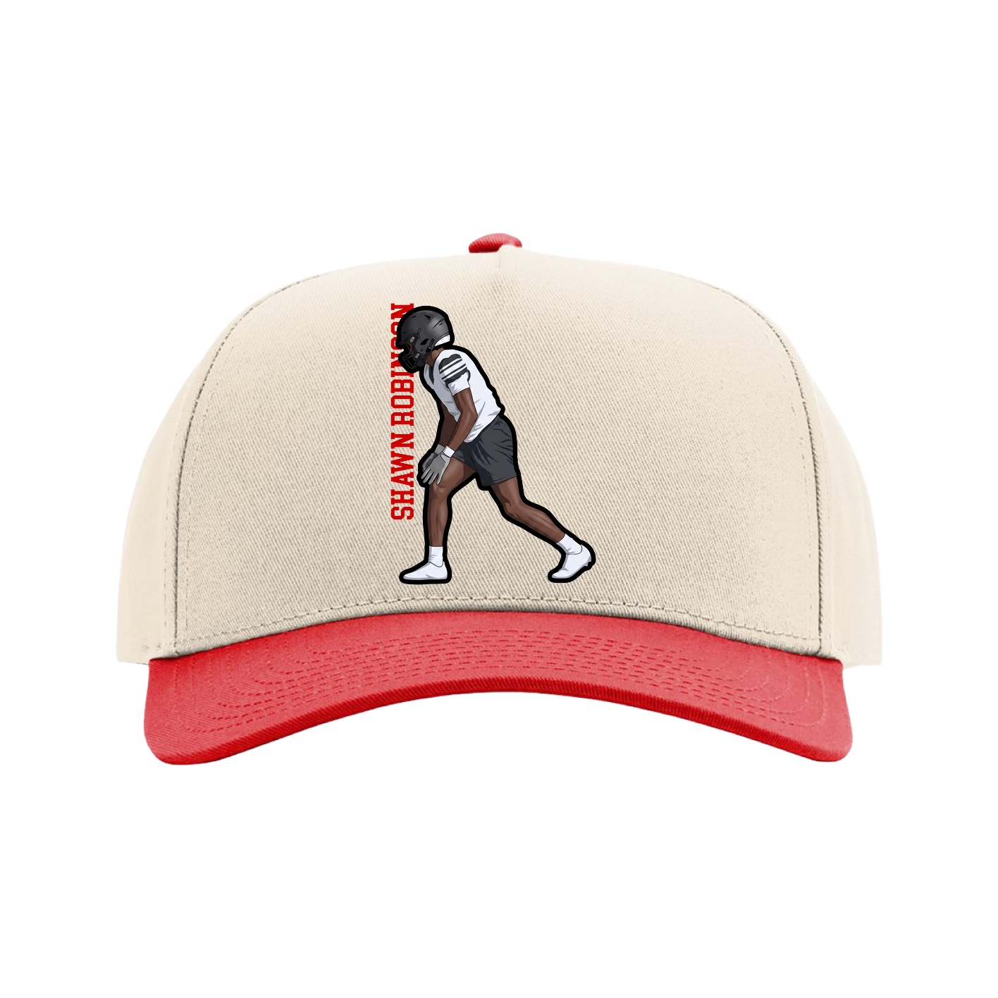 Full Fabric Five-Panel Champ Cap — Name Vertical in Cream/Red