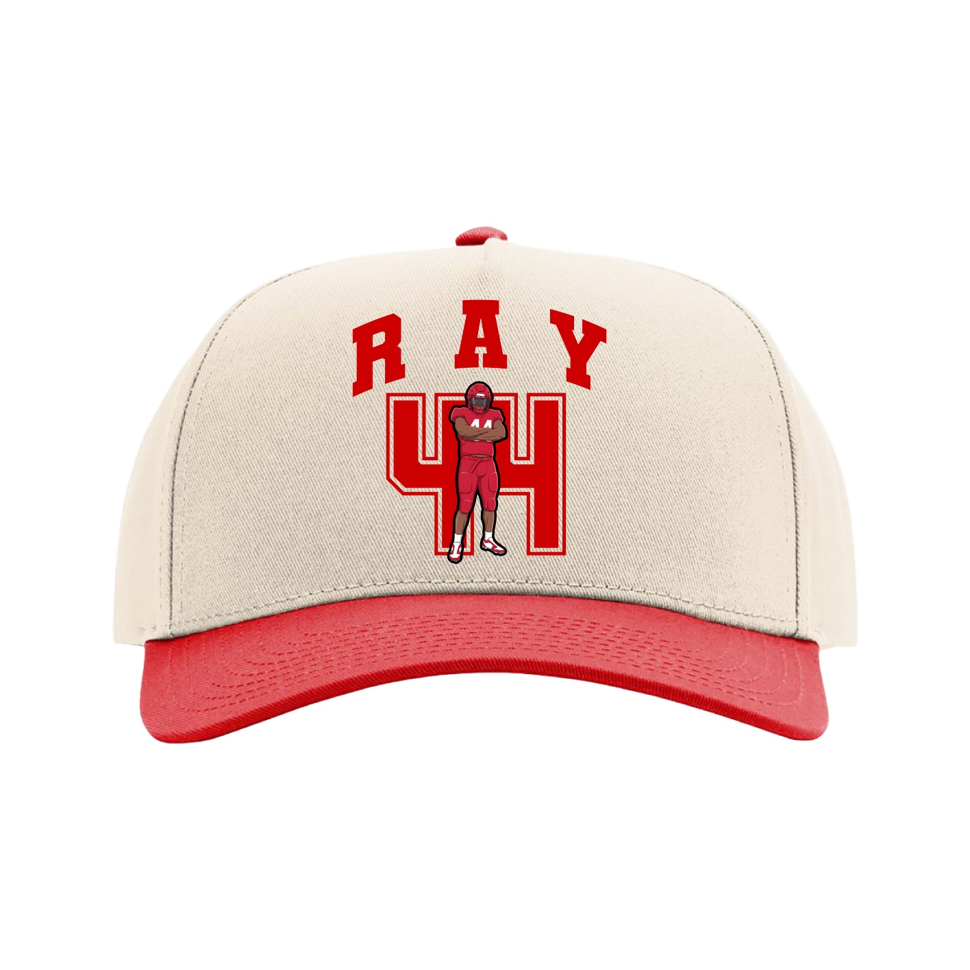 Full Fabric Five-Panel Champ Cap — Number in Cream/Red