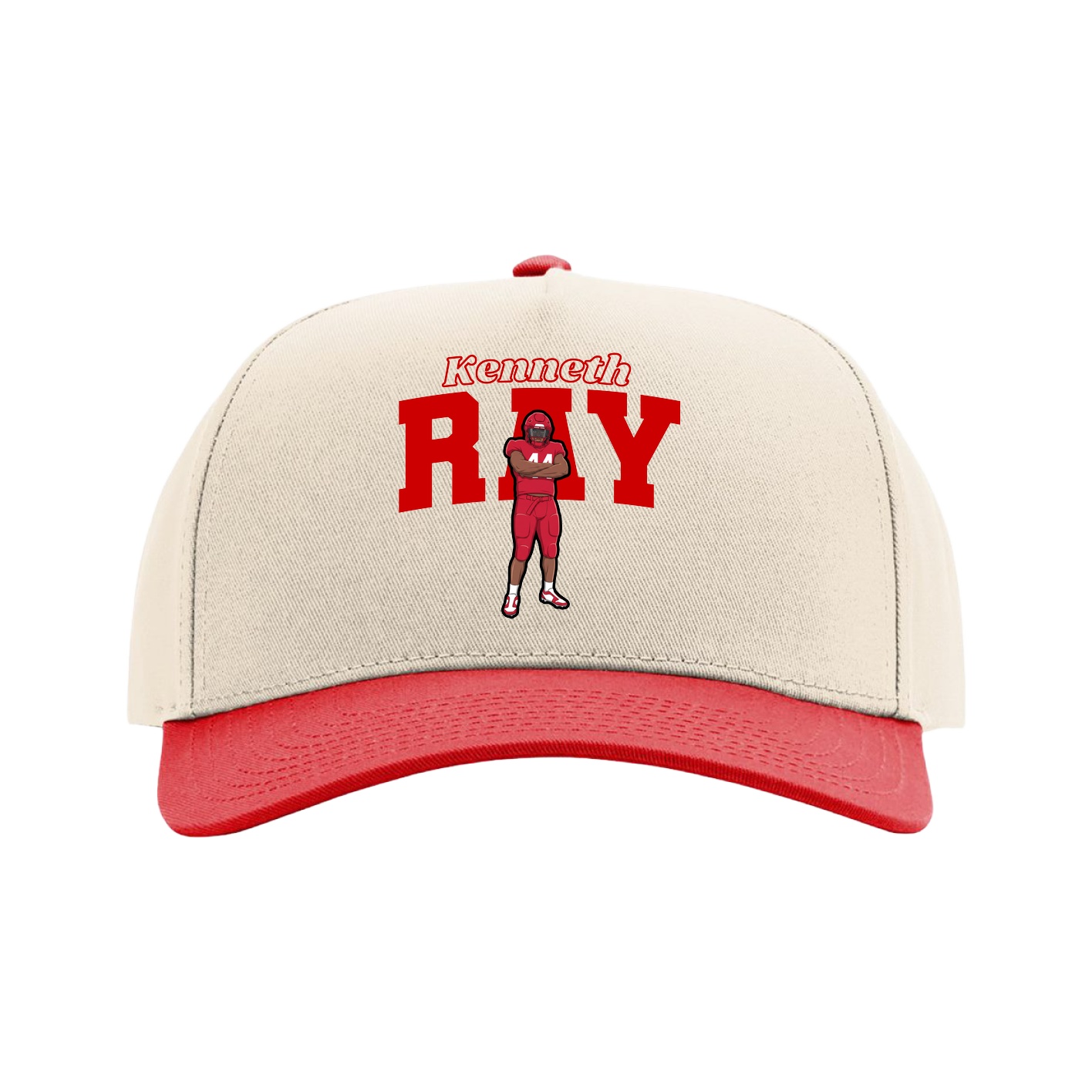 Full Fabric Five-Panel Champ Cap — Name Arch in Cream/Red