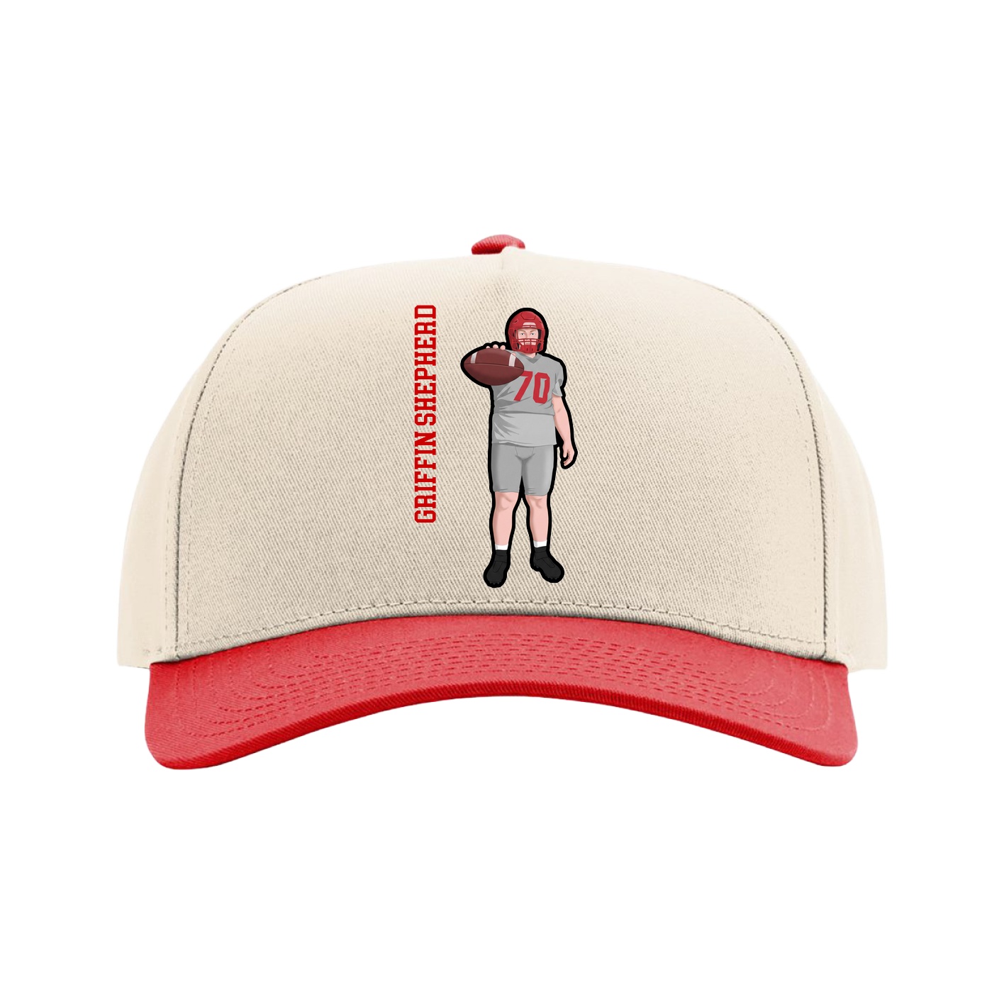 Full Fabric Five-Panel Champ Cap — Name Vertical in Cream/Red