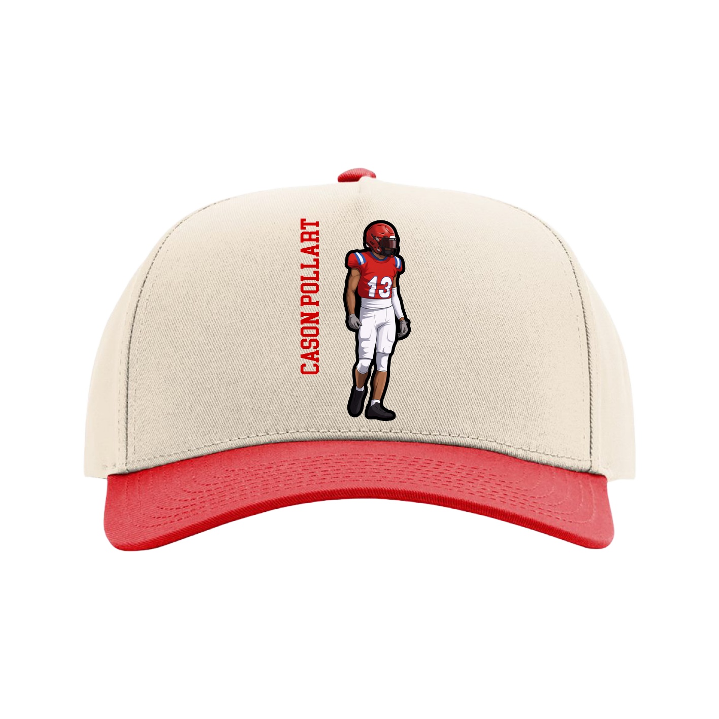 Full Fabric Five-Panel Champ Cap — Name Vertical in Cream/Red
