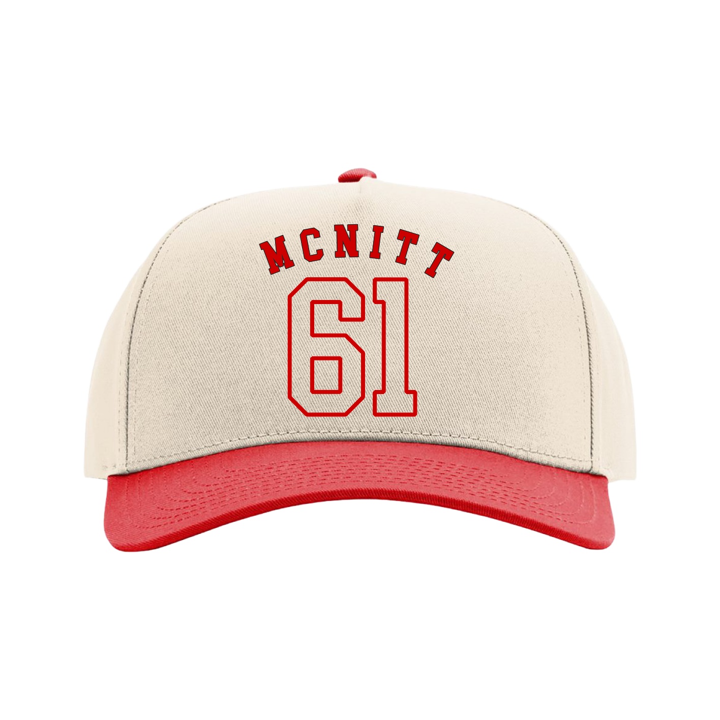 Full Fabric Five-Panel Champ Cap — Shirsey Arch in Cream/Red
