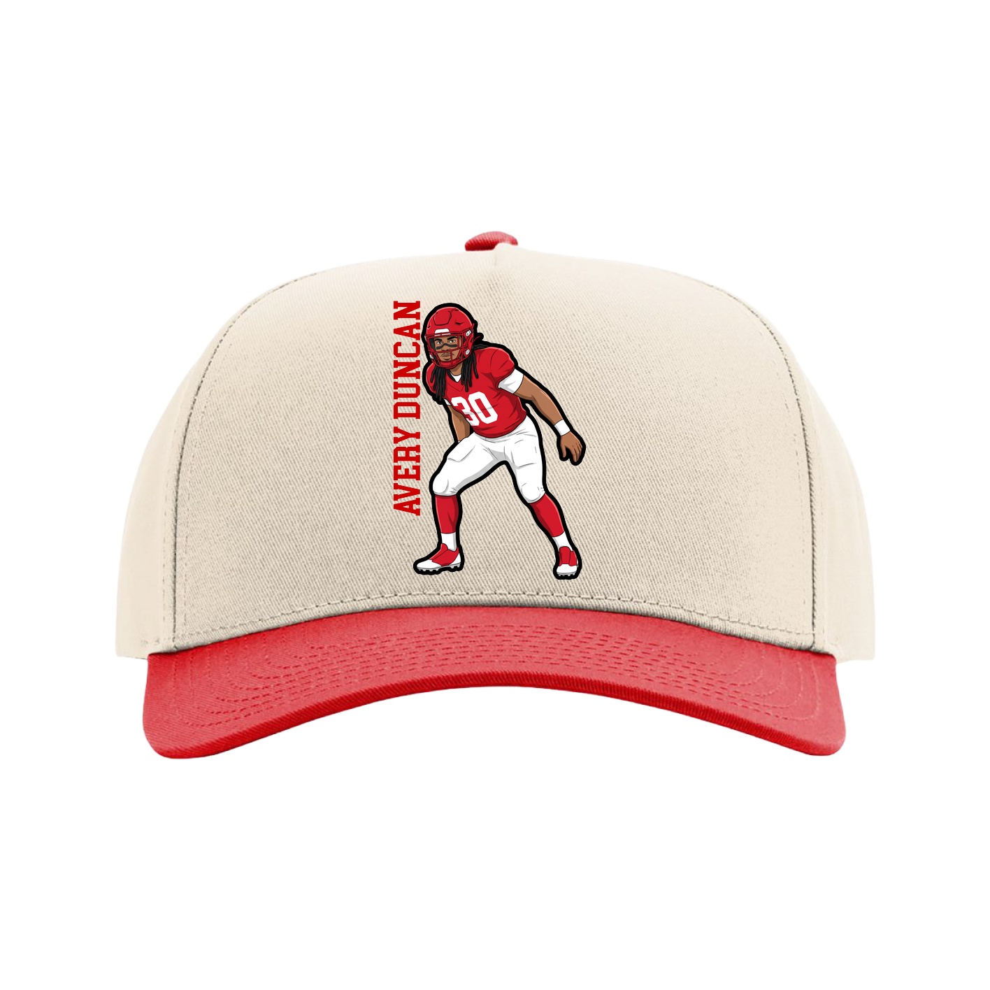 Full Fabric Five-Panel Champ Cap — Name Vertical in Cream/Red